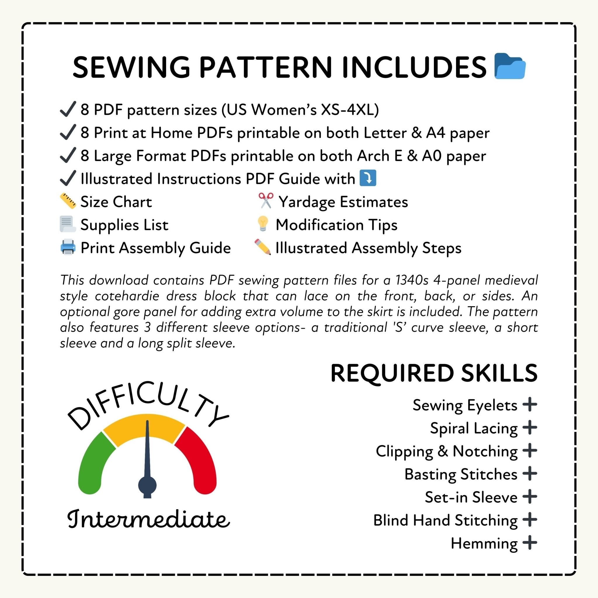 Sewing pattern information sheet with text and icons on a white background