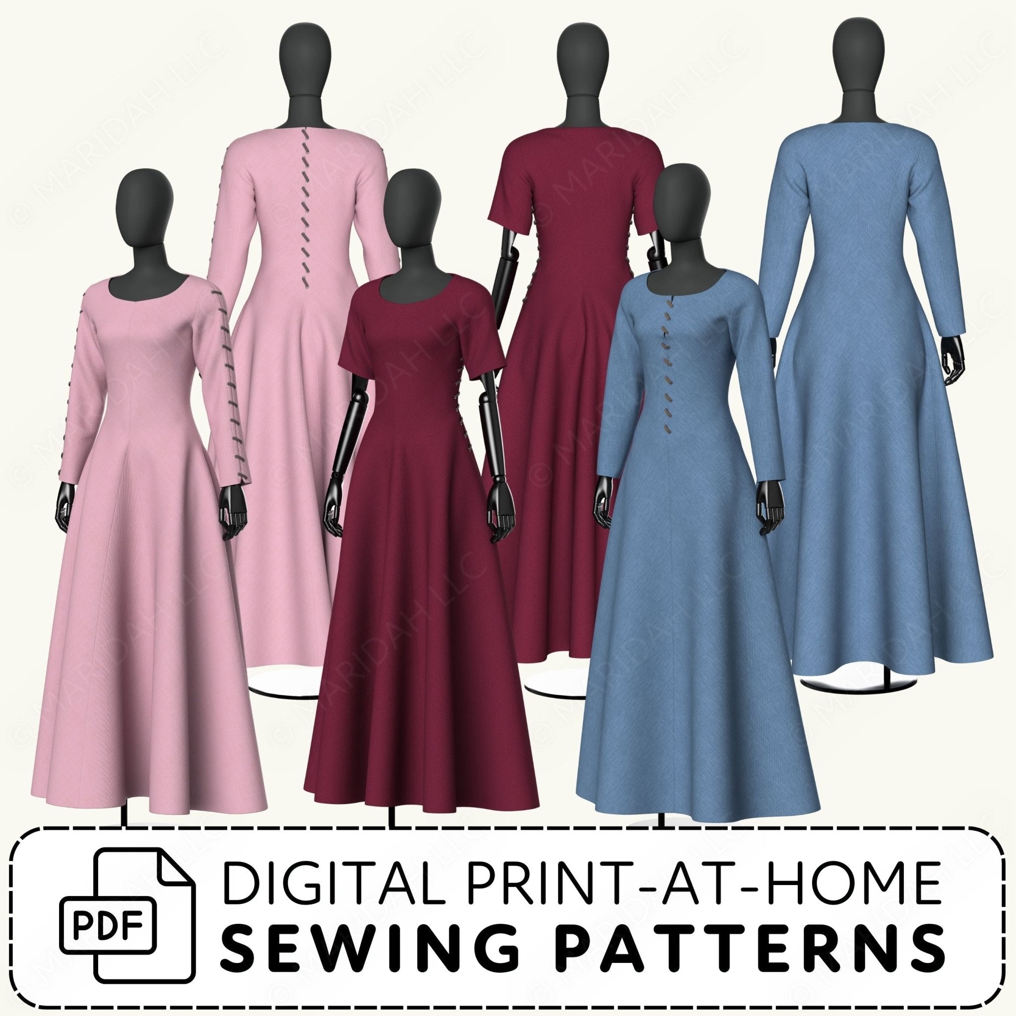 Mannequins wearing pink, red, and blue dresses with digital print-at-home sewing patterns text.