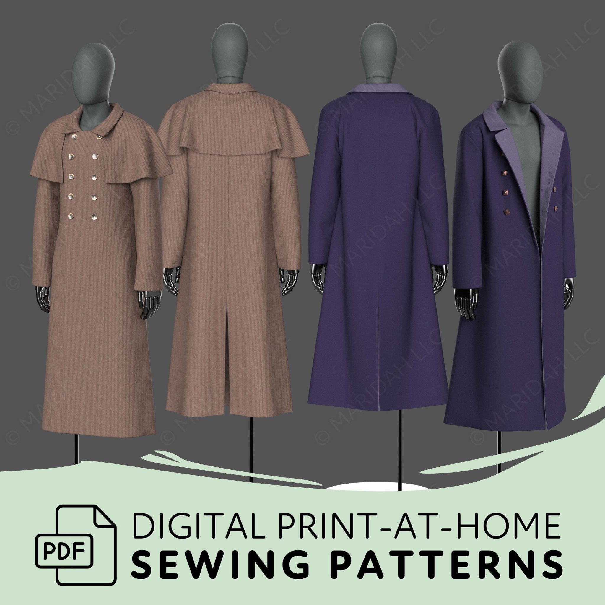 four different coats, each with unique designs and colors, arranged in a row. The coats are displayed on mannequins, showcasing their styles and fit. The image also includes text that reads "Digital Print-at-Home Sewing Patterns" and "PDF", indicating that the image is a digital print of sewing patterns for coats.