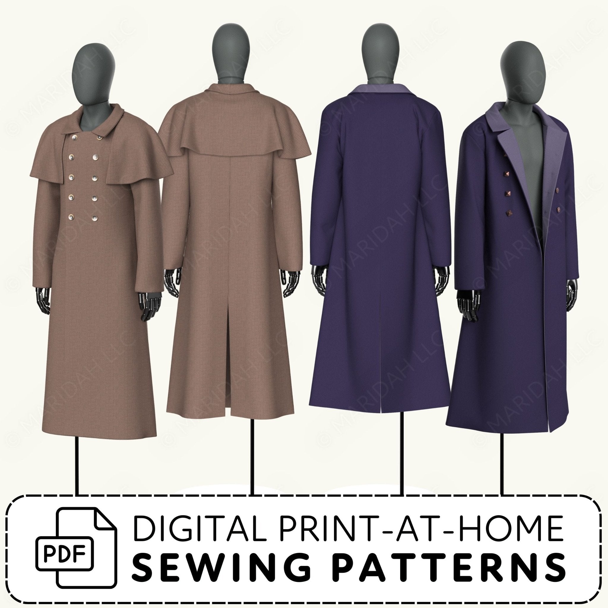 Four mannequins wearing long coats in brown and purple with digital print-at-home sewing patterns text.