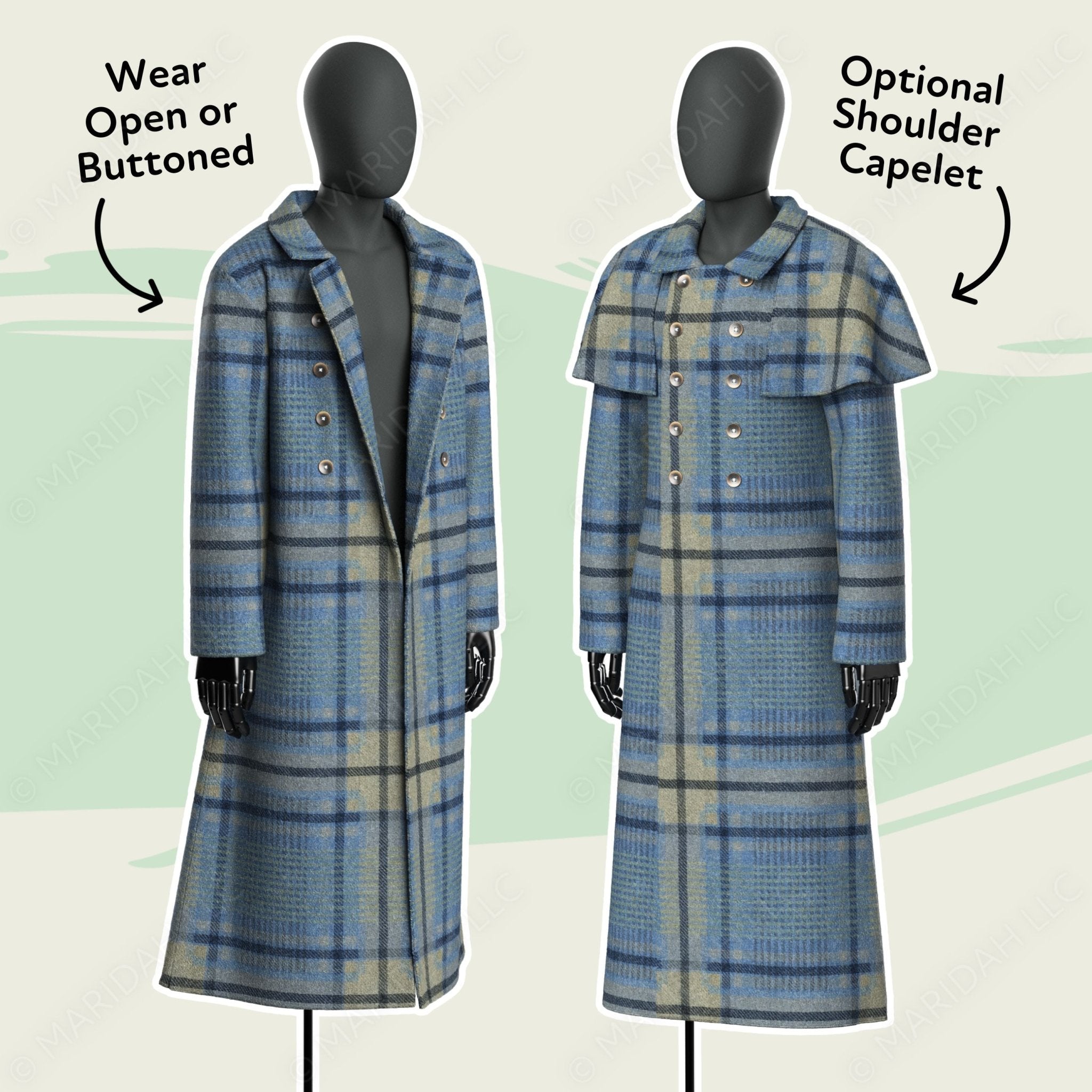two mannequins wearing plaid coats, one with a buttoned shoulder and the other with an open shoulder.