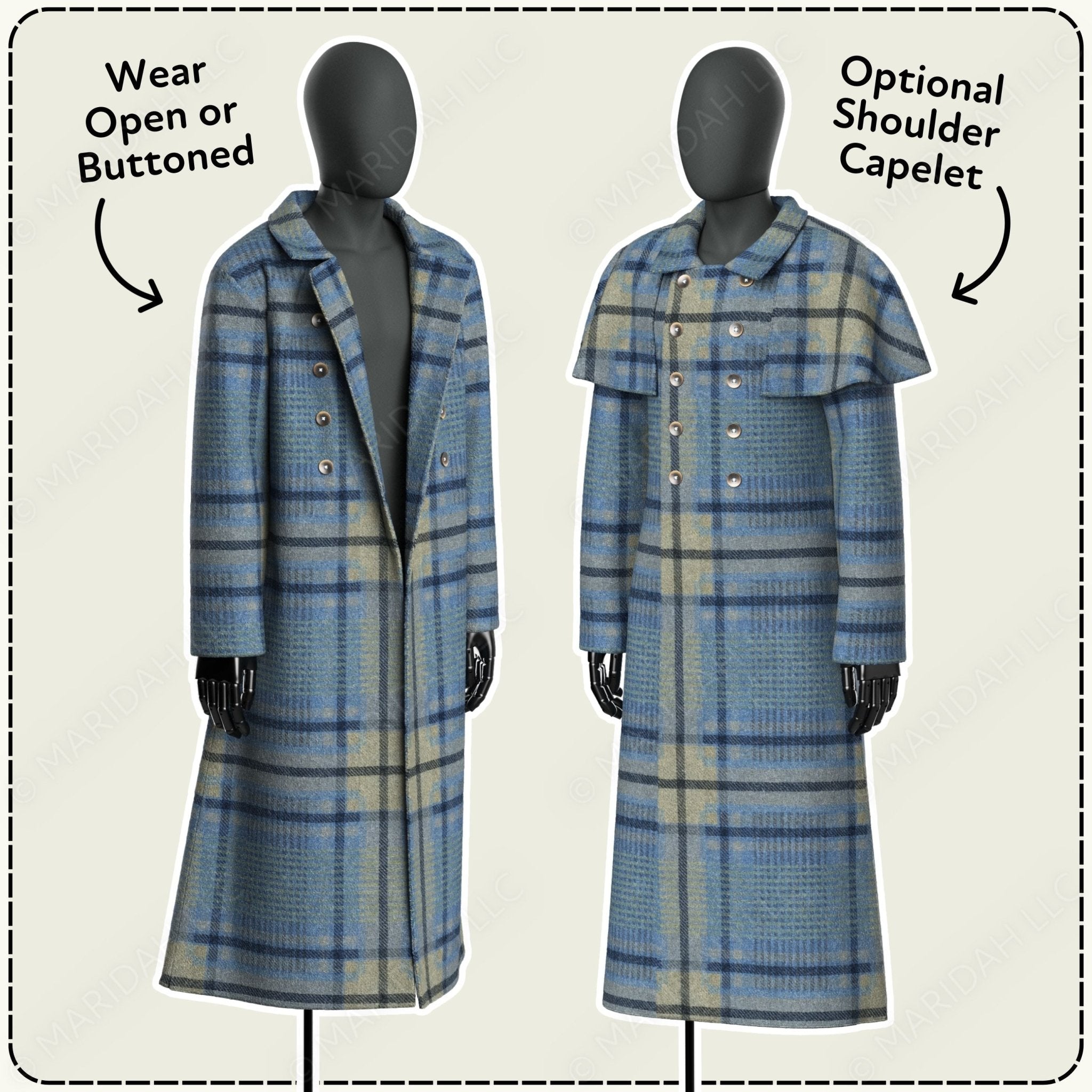 Two mannequins wearing blue plaid coats with an option to wear open or buttoned, and an optional shoulder capelet.