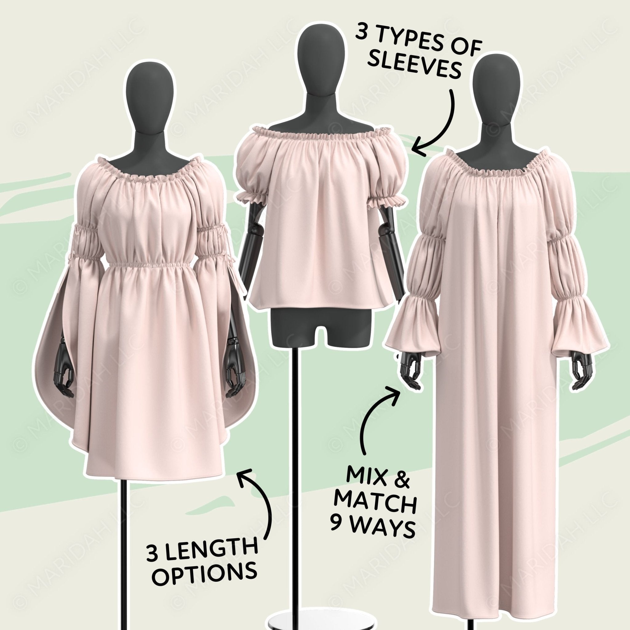 three different styles of dresses, each with a unique sleeve design, displayed on mannequins.
