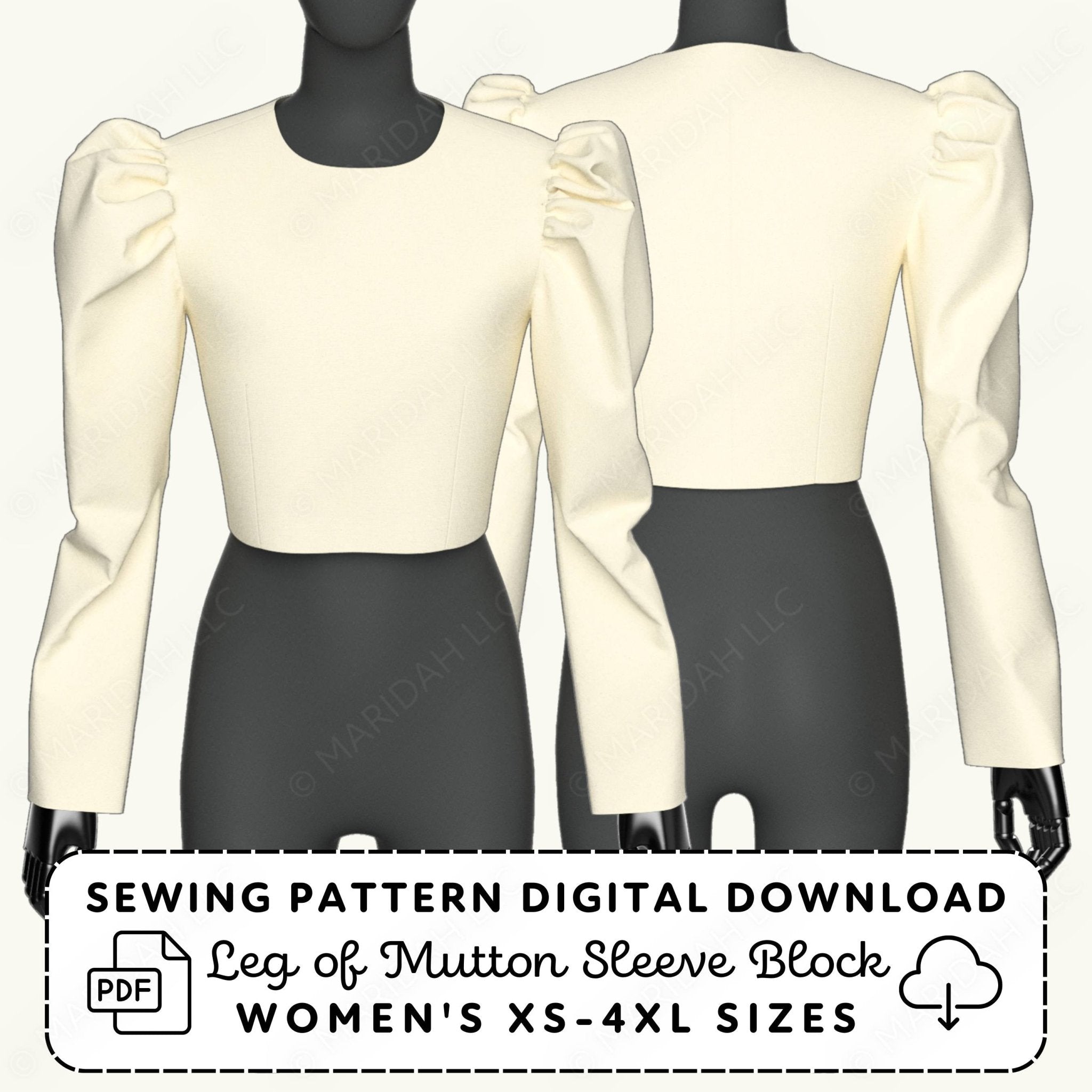 White blouse with puffed sleeves on a mannequin, sewing pattern digital download text overlay.