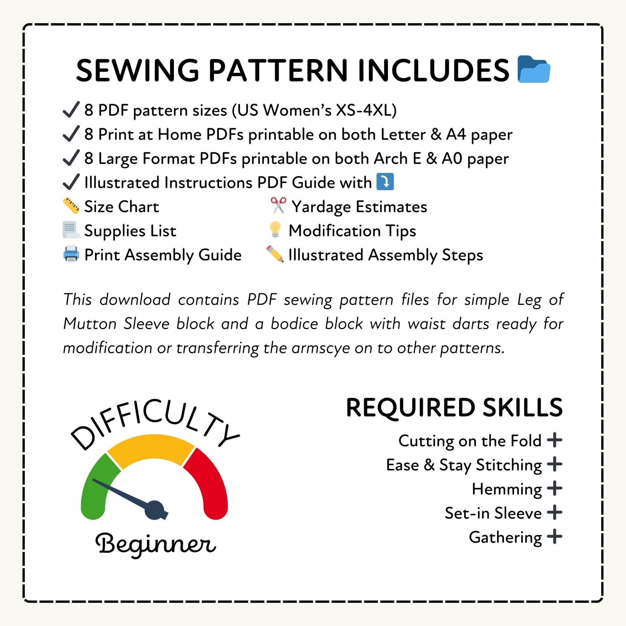Sewing pattern information with difficulty rating and required skills listed.