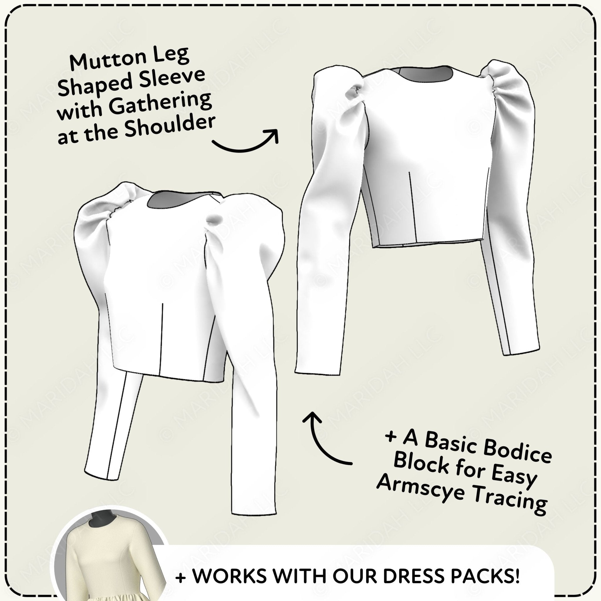 Diagram of a white shirt with mutton leg sleeves and a basic bodice block on a beige background.