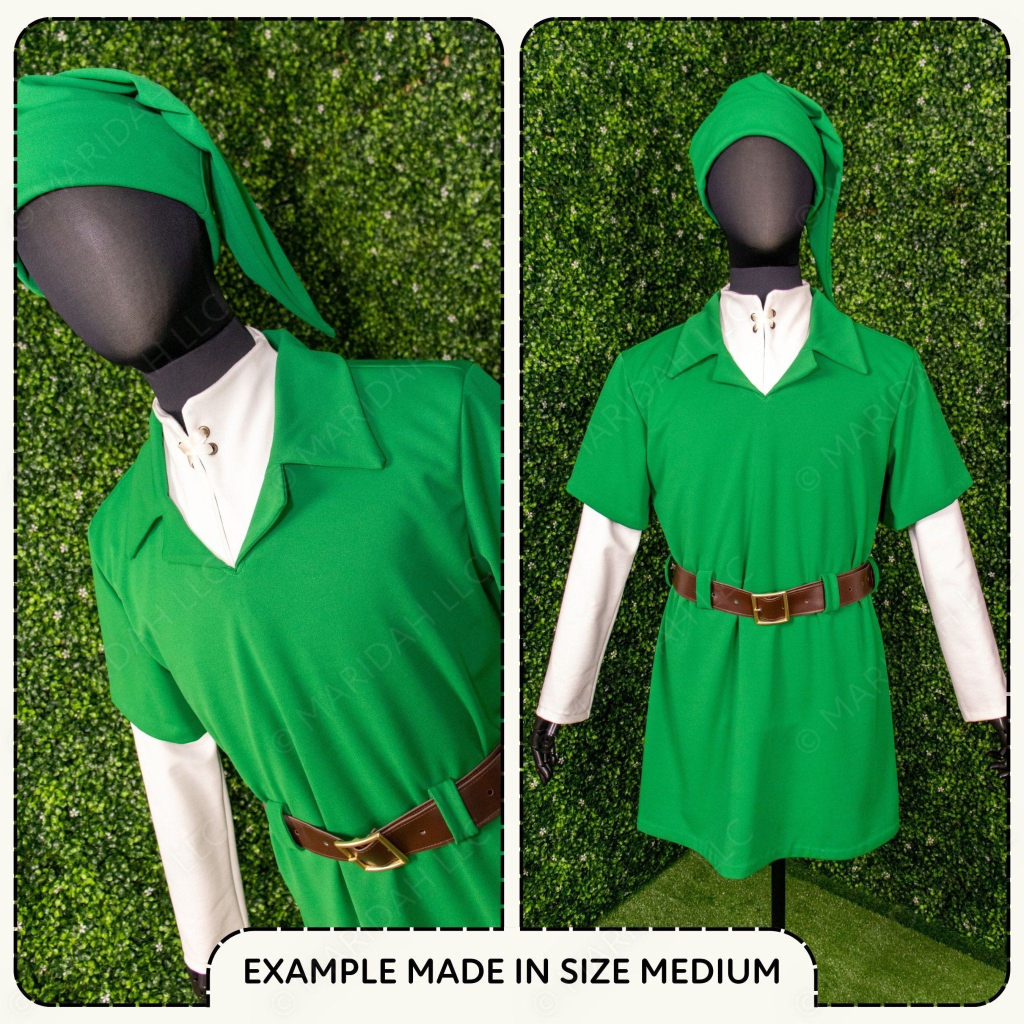 Green costume with a belt on a mannequin against a grassy background