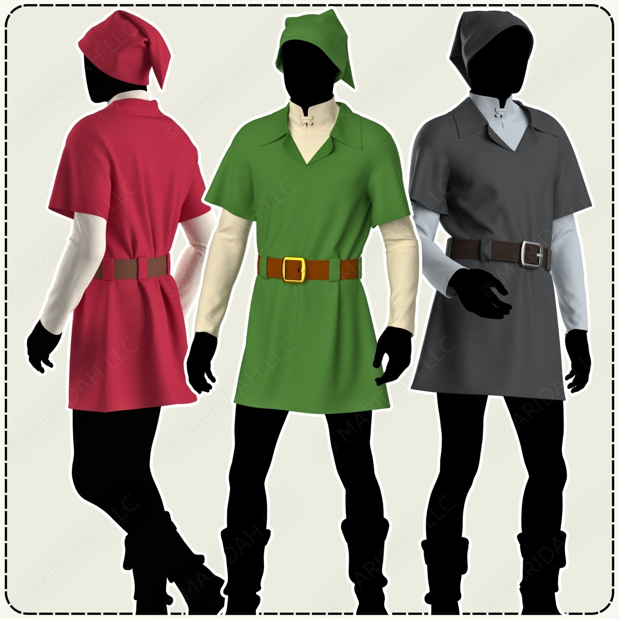 Three costumes in red, green, and gray with belts on a plain background