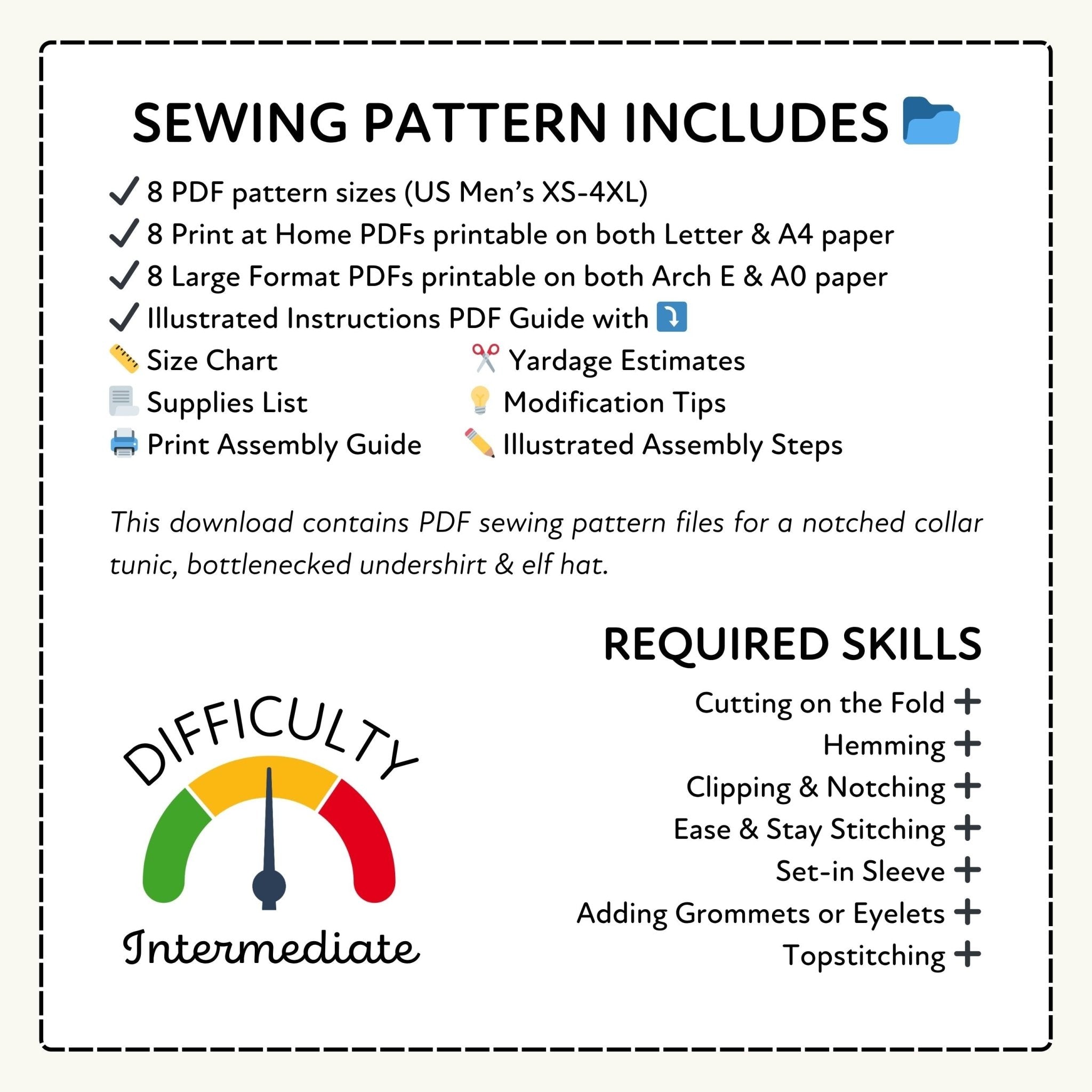 Sewing pattern information with required skills and difficulty level on a white background