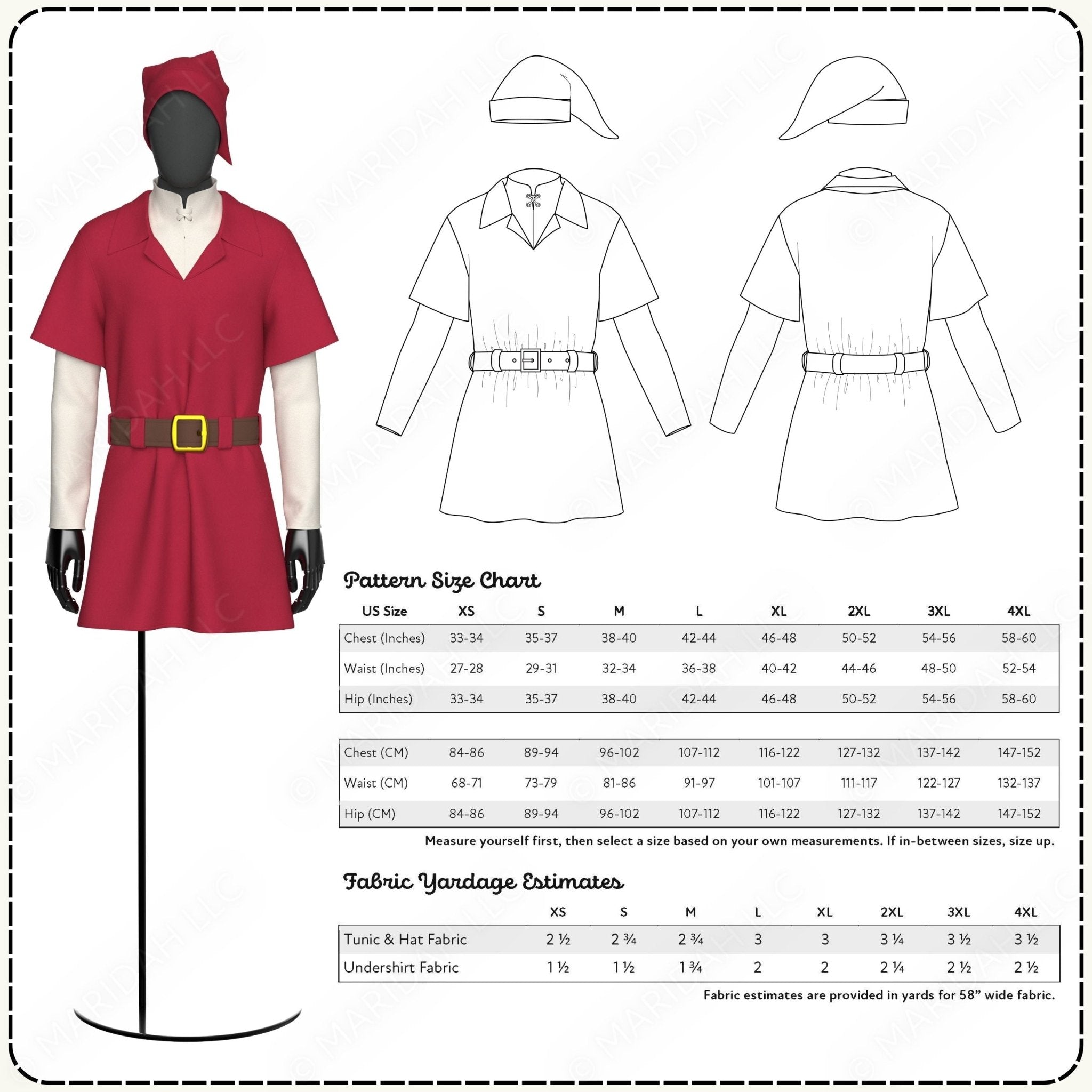 Costume pattern with size chart and fabric yardage estimates on a white background