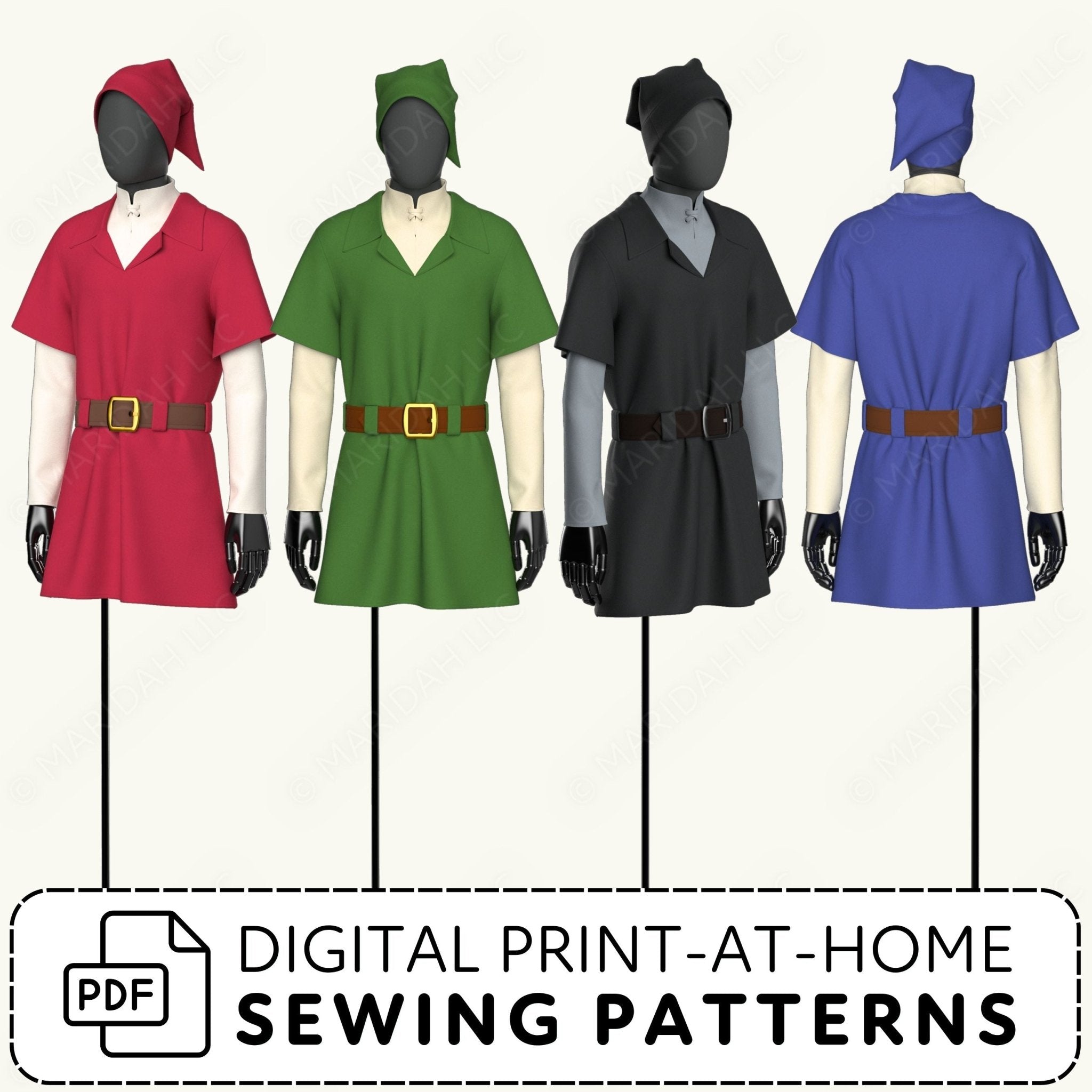Four mannequins wearing red, green, black, and blue costumes on a white background with digital print-at-home sewing patterns text.
