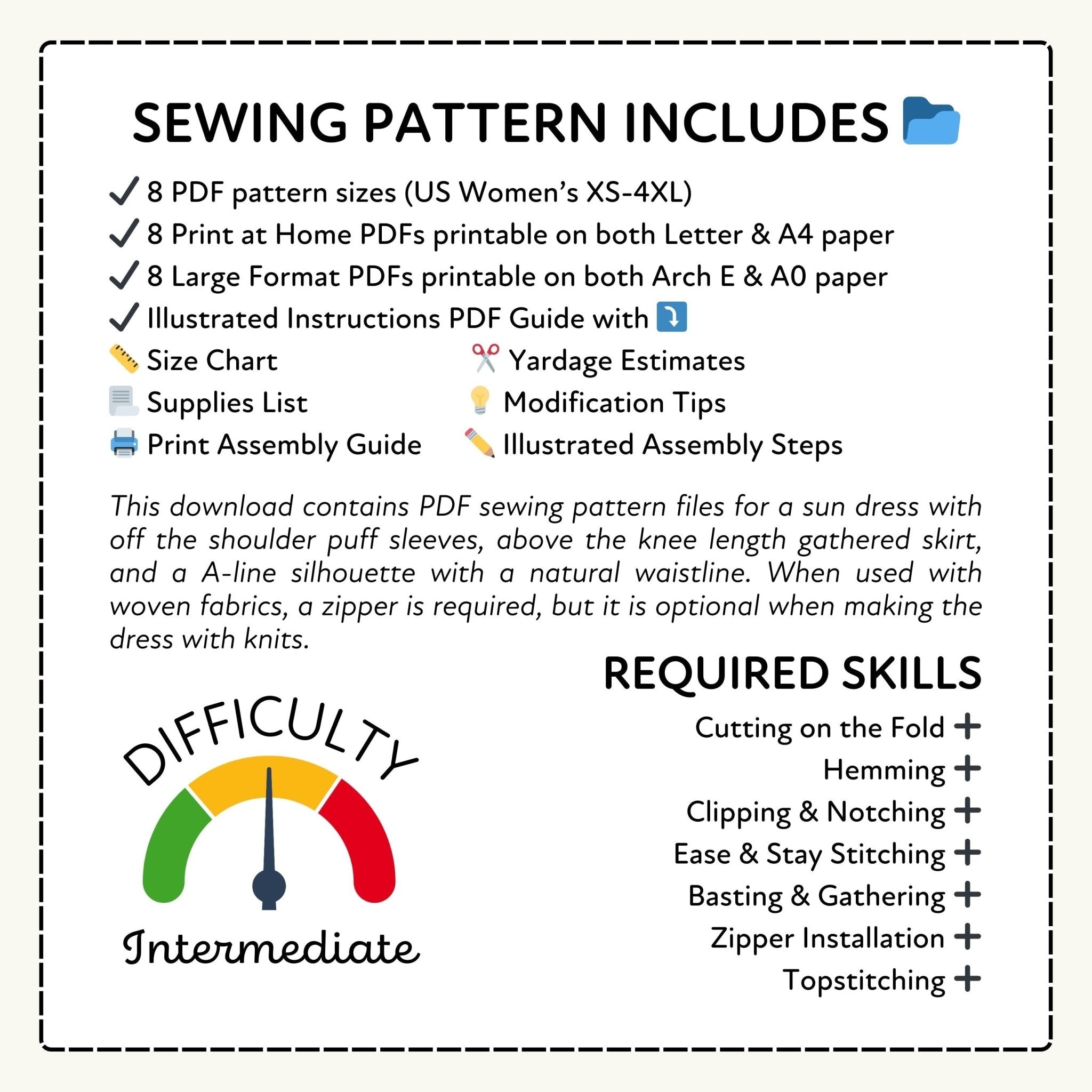 Sewing pattern information with difficulty rating and required skills listed.