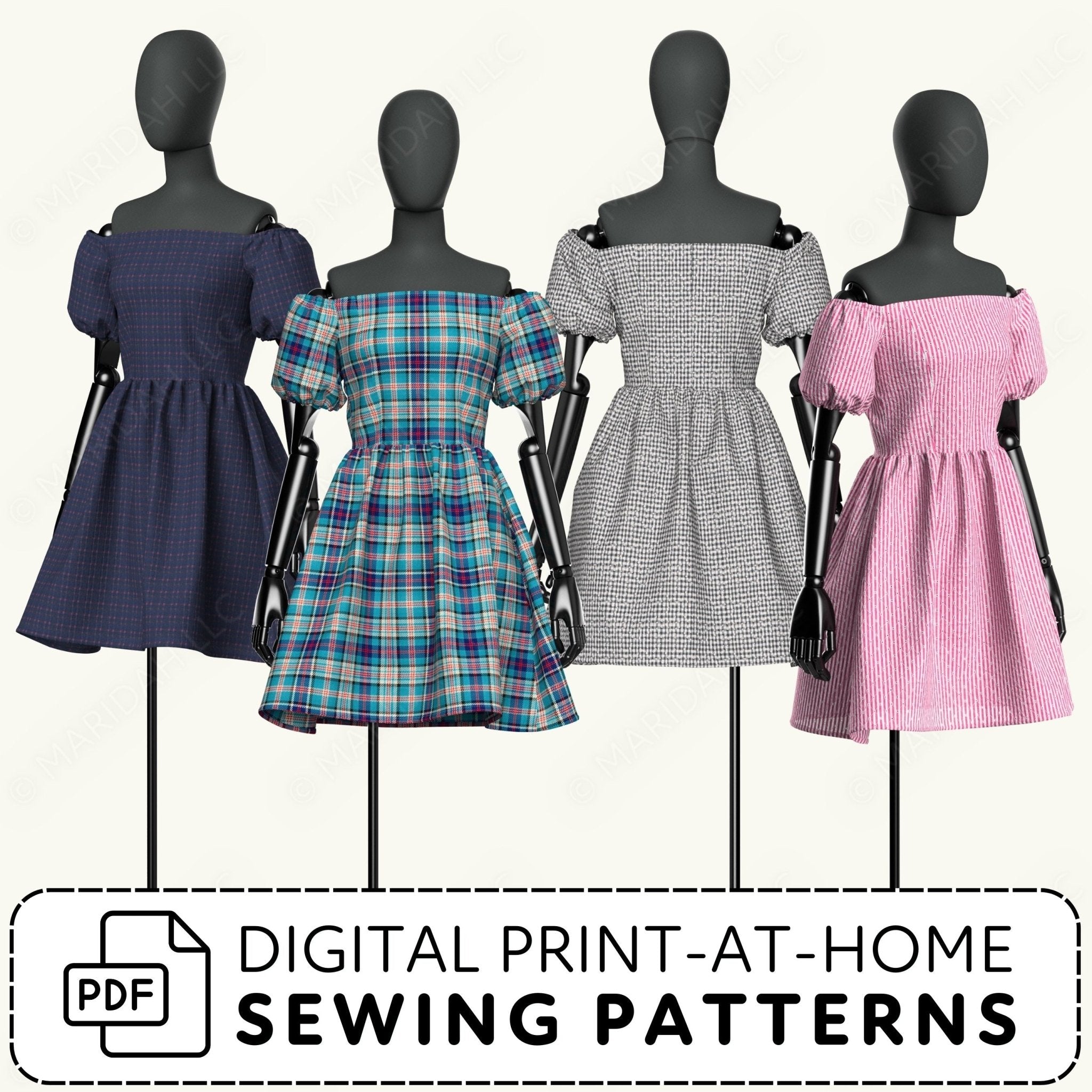Four mannequins wearing dresses in different patterns with a digital sewing pattern are offered on a white background.