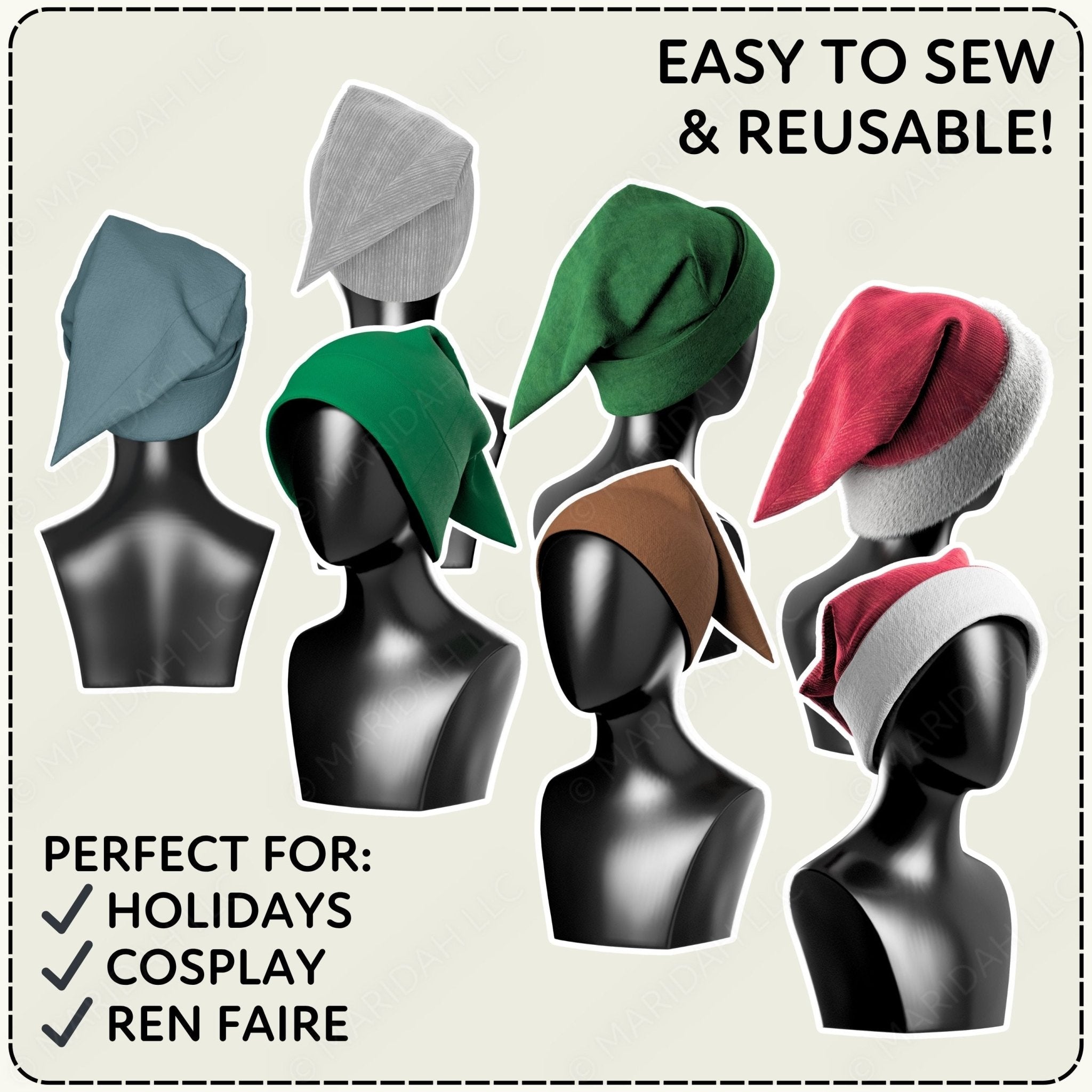 Mannequin heads wearing colorful headbands with text about sewing and reuse.
