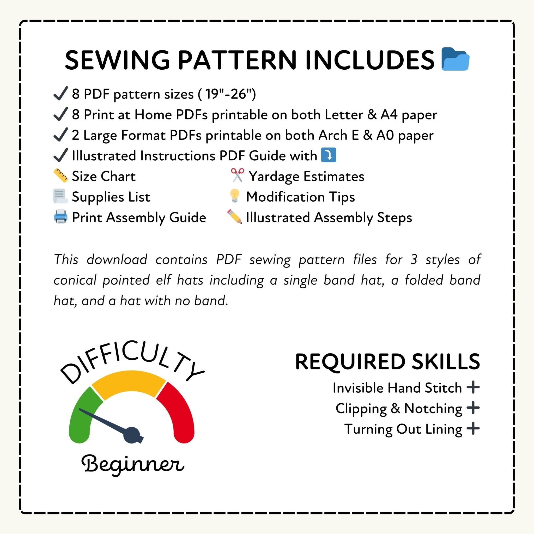 Sewing pattern information with difficulty rating and required skills listed.