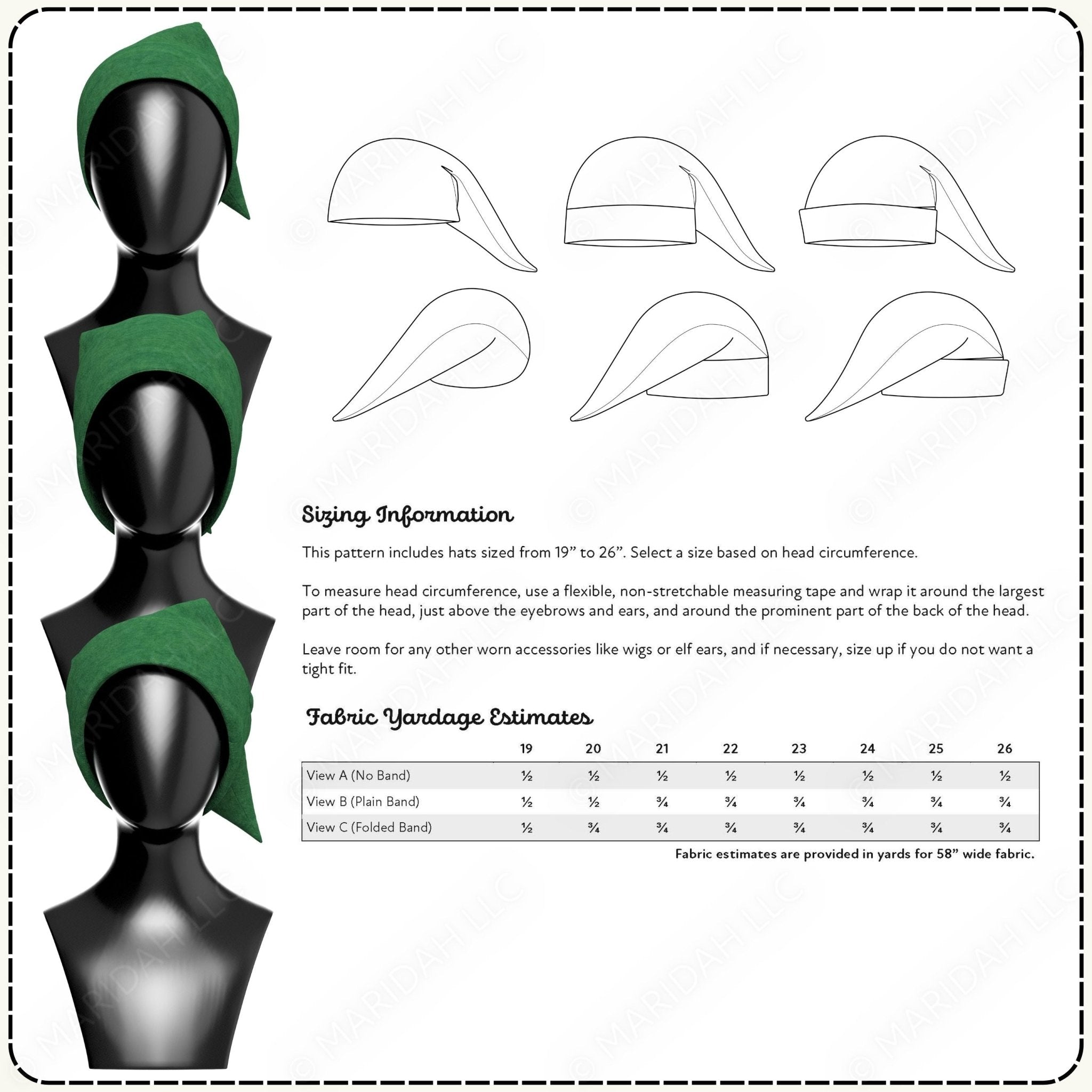 Mannequin wearing a green hat with sizing information and fabric yardage estimates on a white background