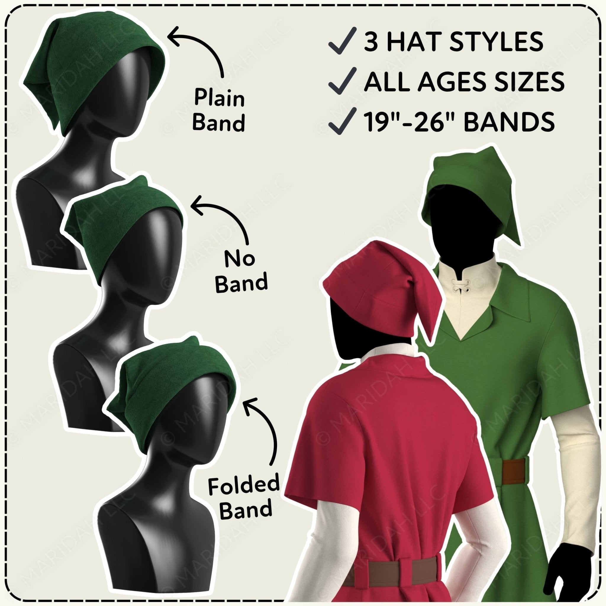 Green hats on mannequins with text indicating different band styles and size range.