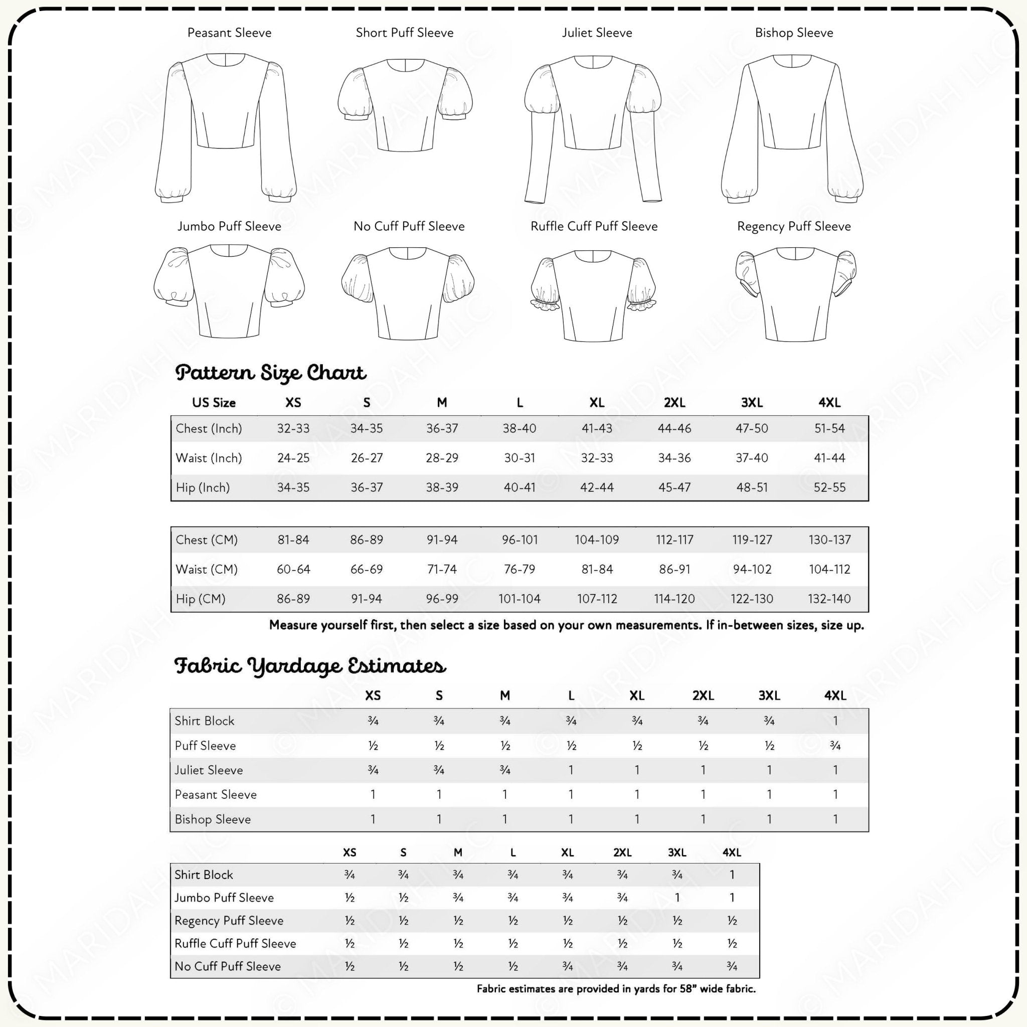Measurement chart for shirt sleeve styles and size chart with fabric yardage estimates.