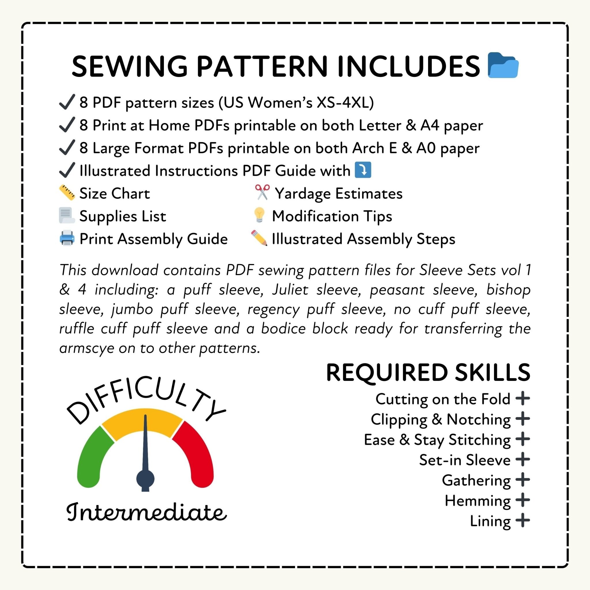 Sewing pattern information sheet with text and icons on a white background