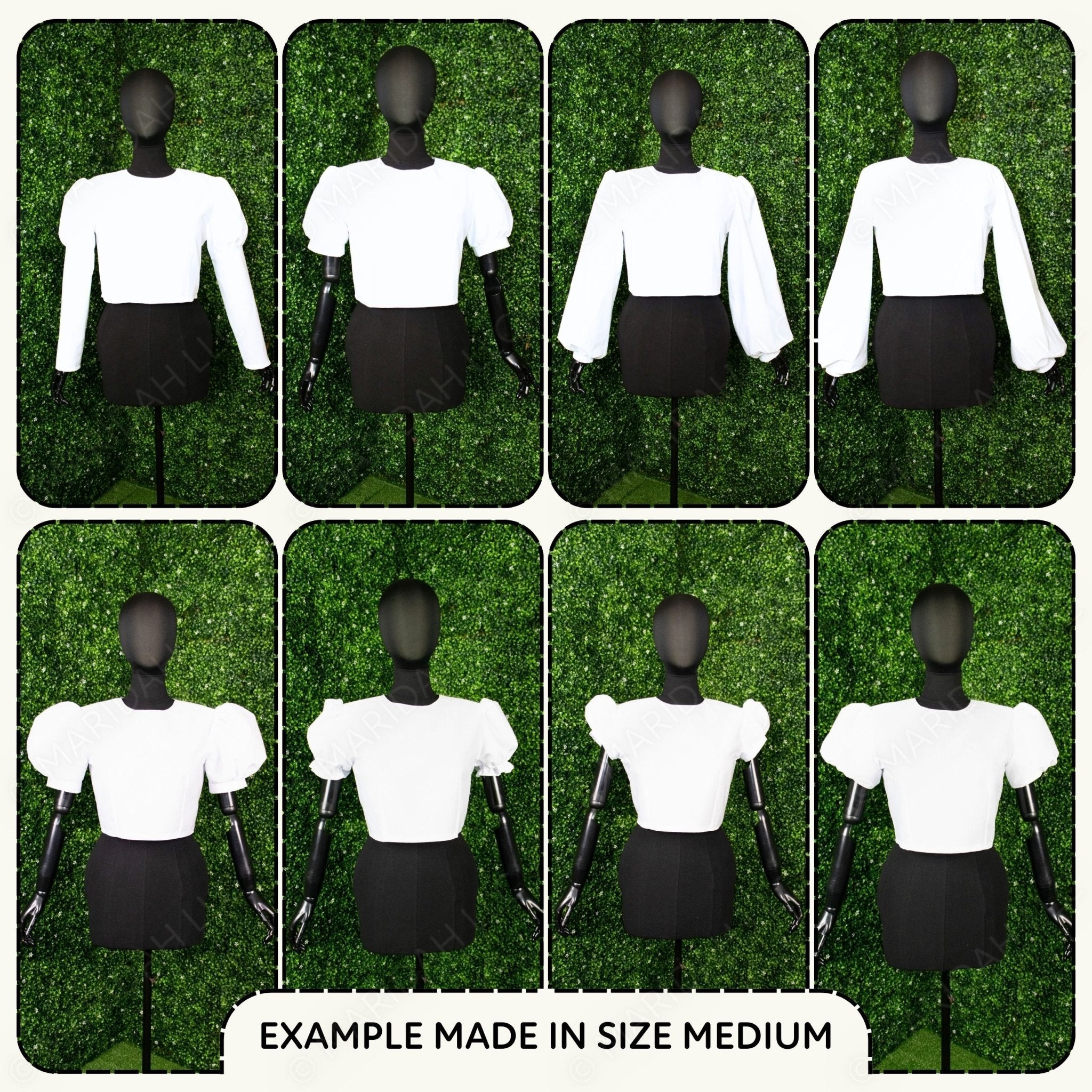 White blouse with puffed sleeves on mannequins against a green leafy background.