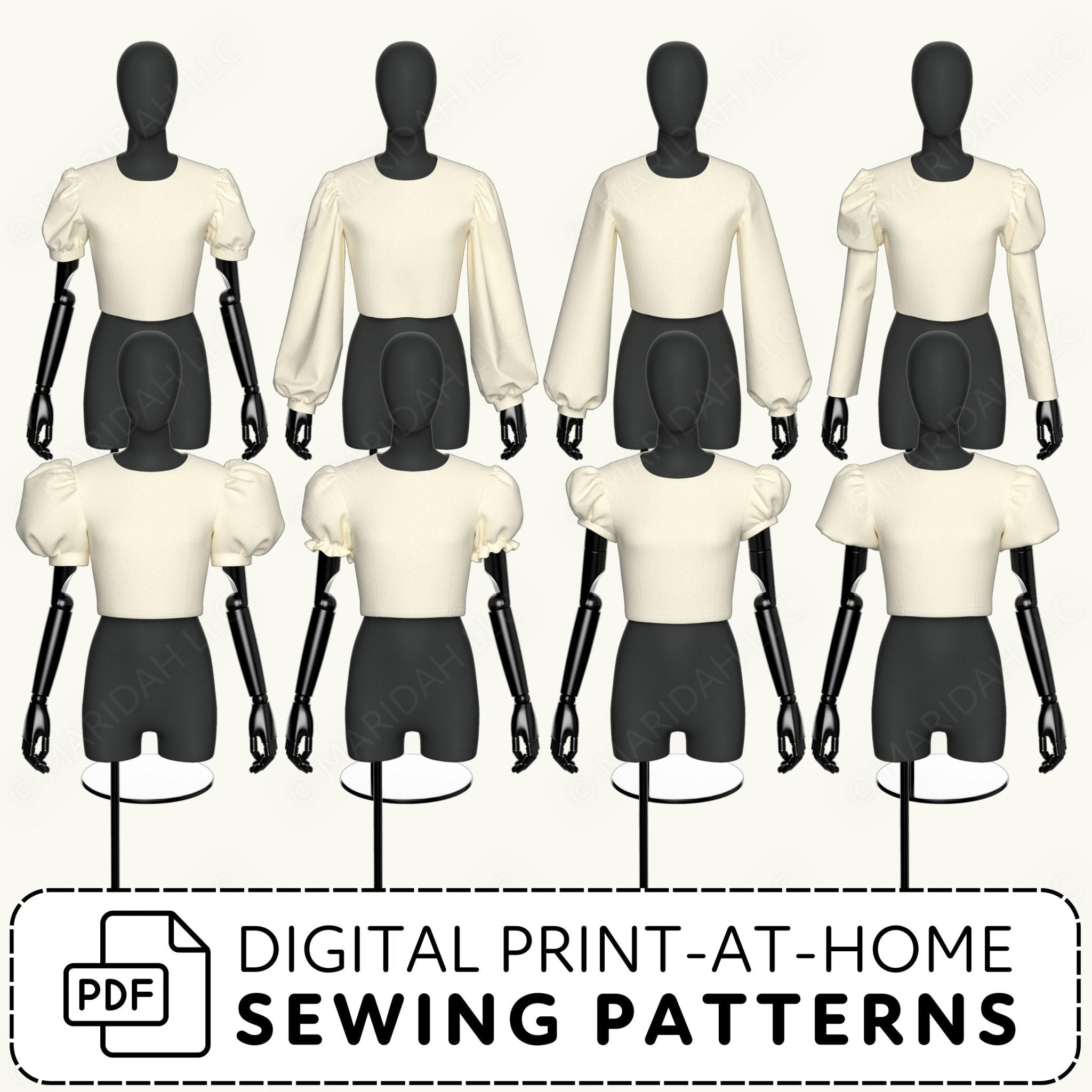 Mannequins wearing cream blouses with digital print-at-home sewing patterns text.