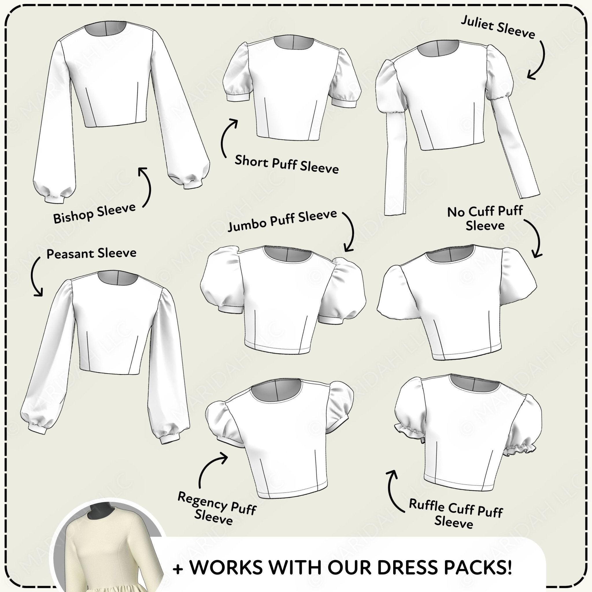Illustrations of various sleeve styles with labels on a beige background