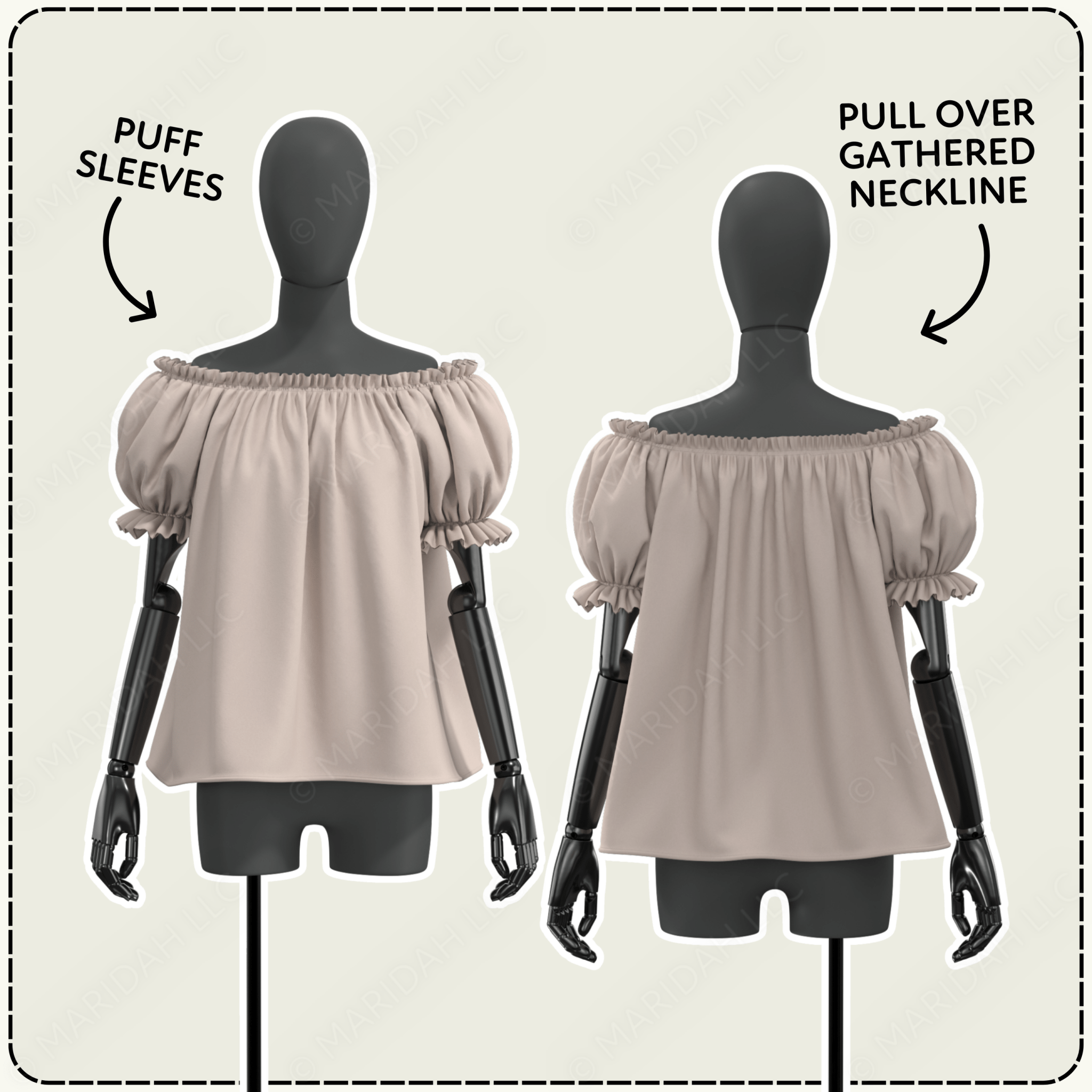 Beige blouse on mannequins with puff sleeves and gathered neckline labels.