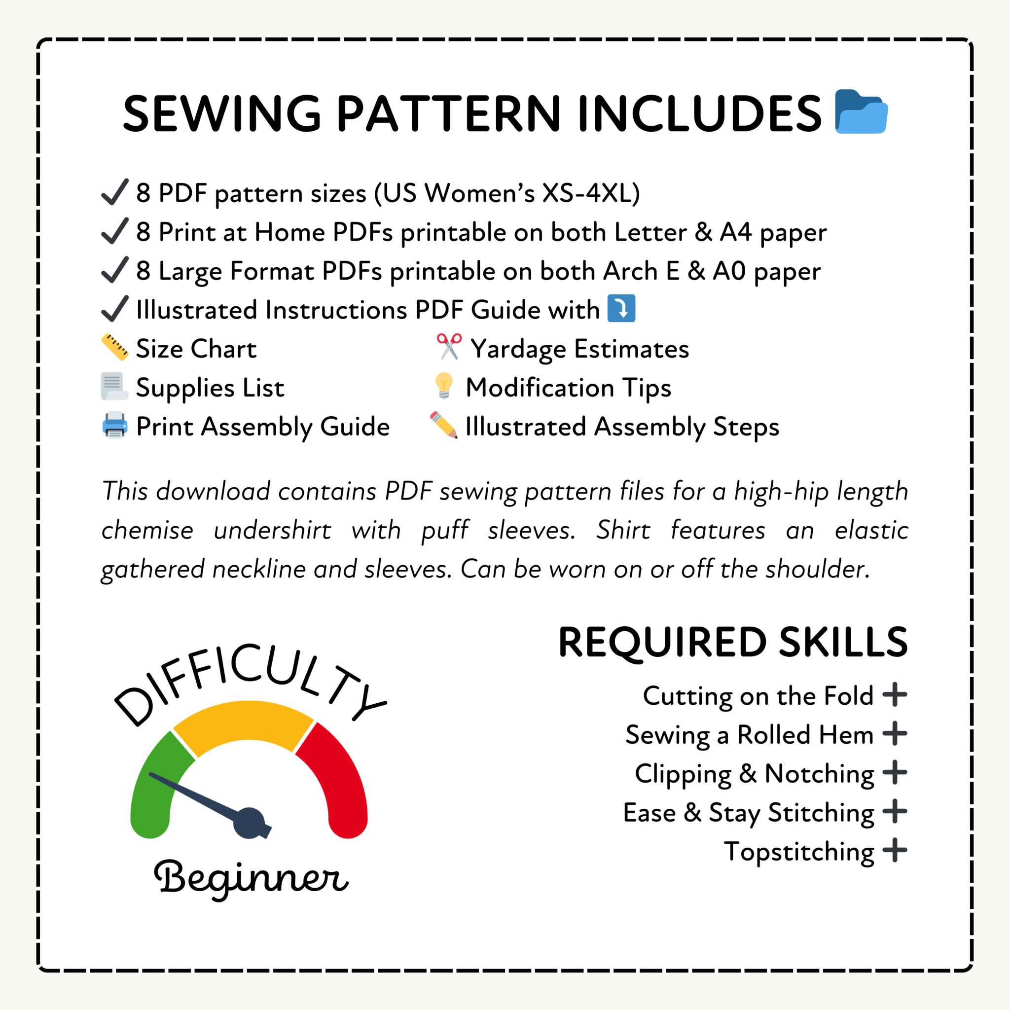 a sewing pattern that includes various sewing pattern files, such as yardage estimates, a supplies list, and a print assembly guide. The pattern also includes a list of required sewing skills, such as cutting on the fold, sewing a rolled hem, clipping & notching, ease & stay stitching, and topstitching.