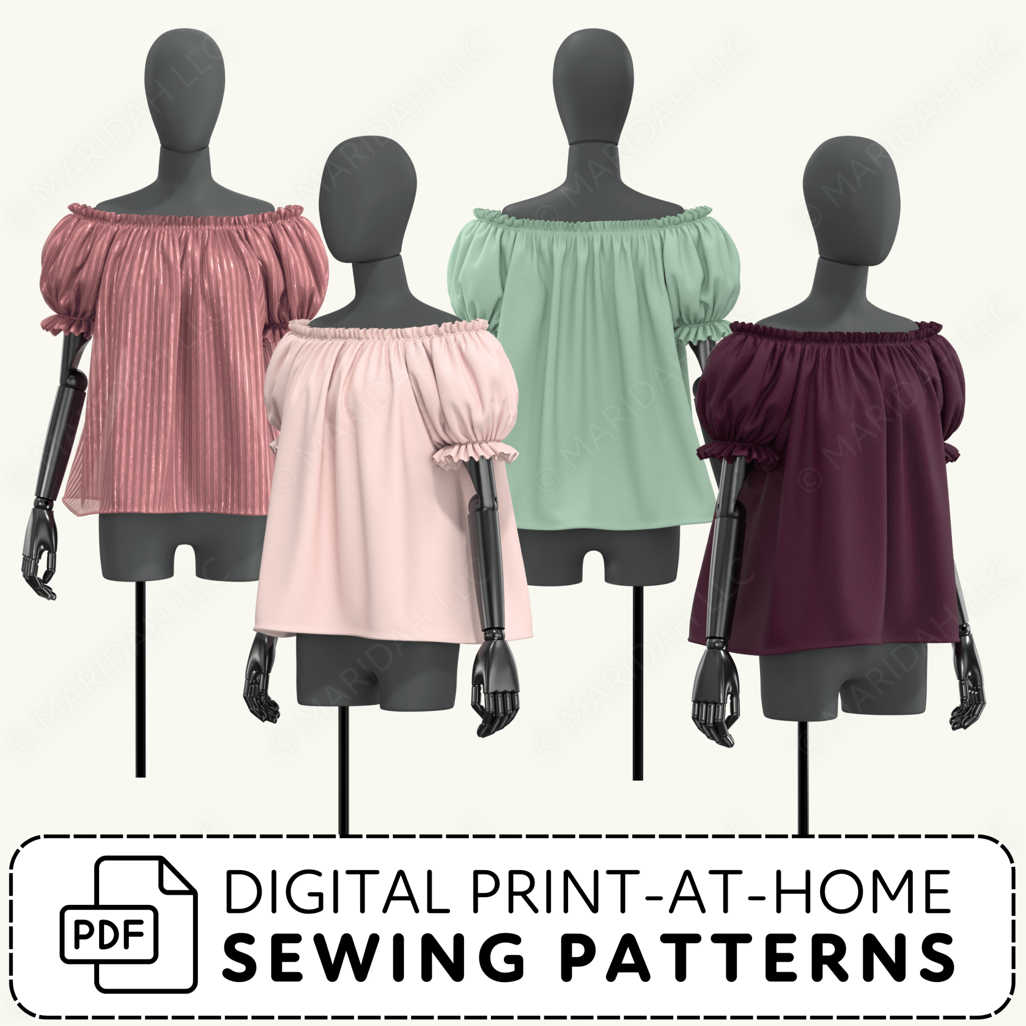 Four mannequins wearing off-shoulder tops in different colors with digital print-at-home sewing patterns text.