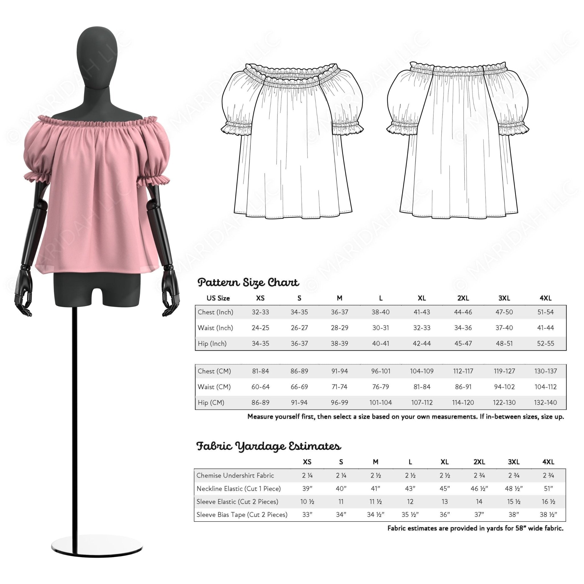 a mannequin wearing a pink off-the-shoulder top, along with three different size charts and fabric yardage estimates for the design.