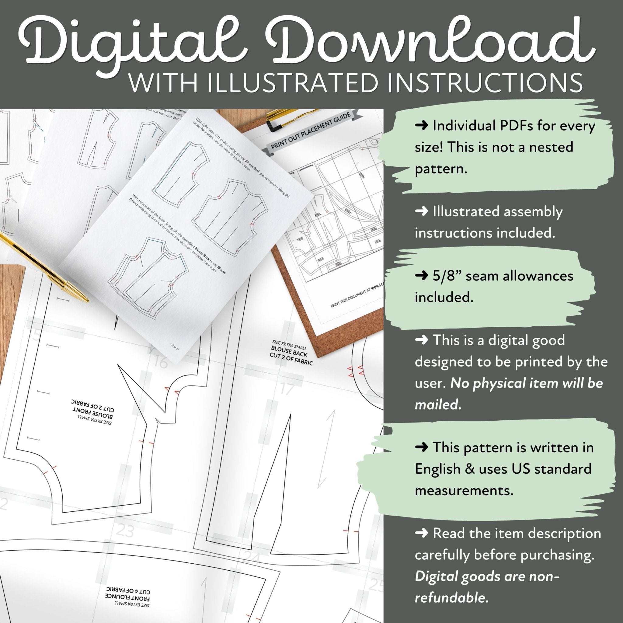 The image is a digital download with illustrated instructions for a pattern, which includes a printed pattern and a printed diagram. The pattern is written in English and uses US standard measurements. The instructions are designed to be printed by the user and do not include any physical item. The item description should be read carefully before purchasing, and digital goods are non-refundable.