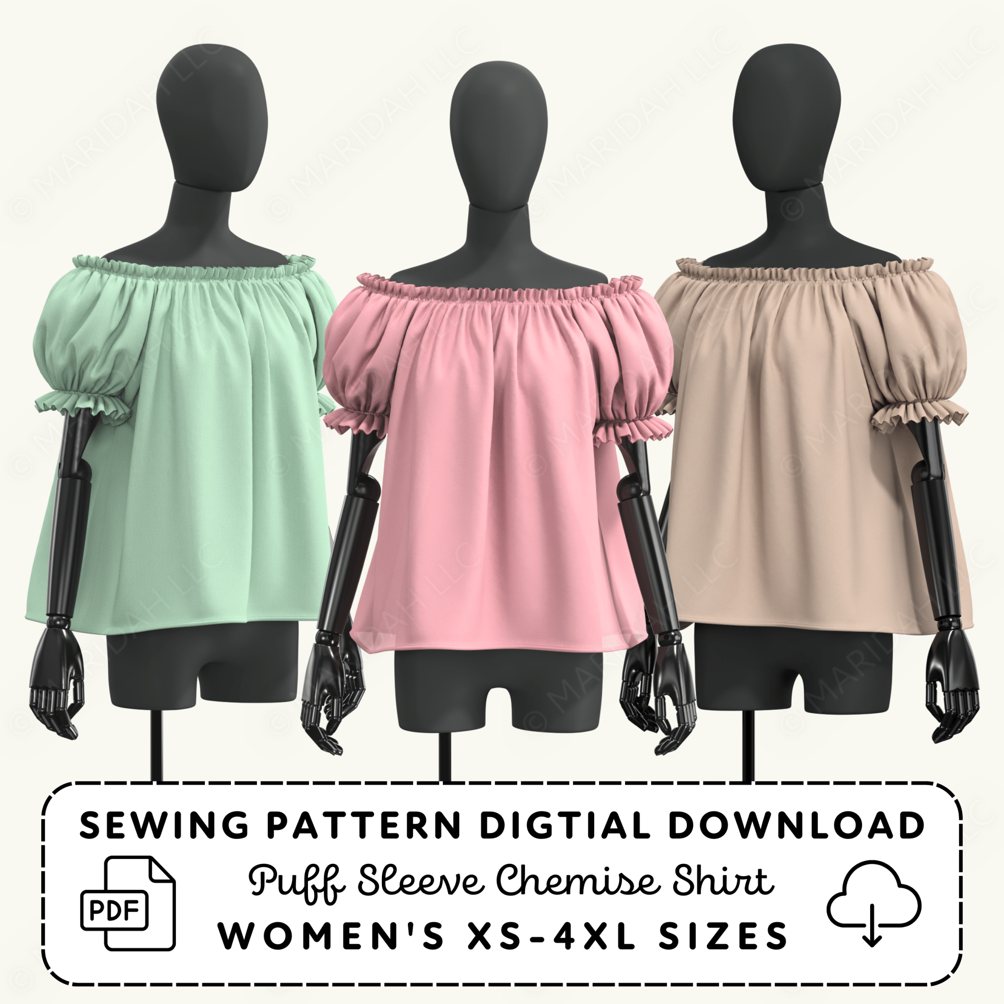 three mannequins wearing off-the-shoulder dresses in different colors: green, pink, and beige.