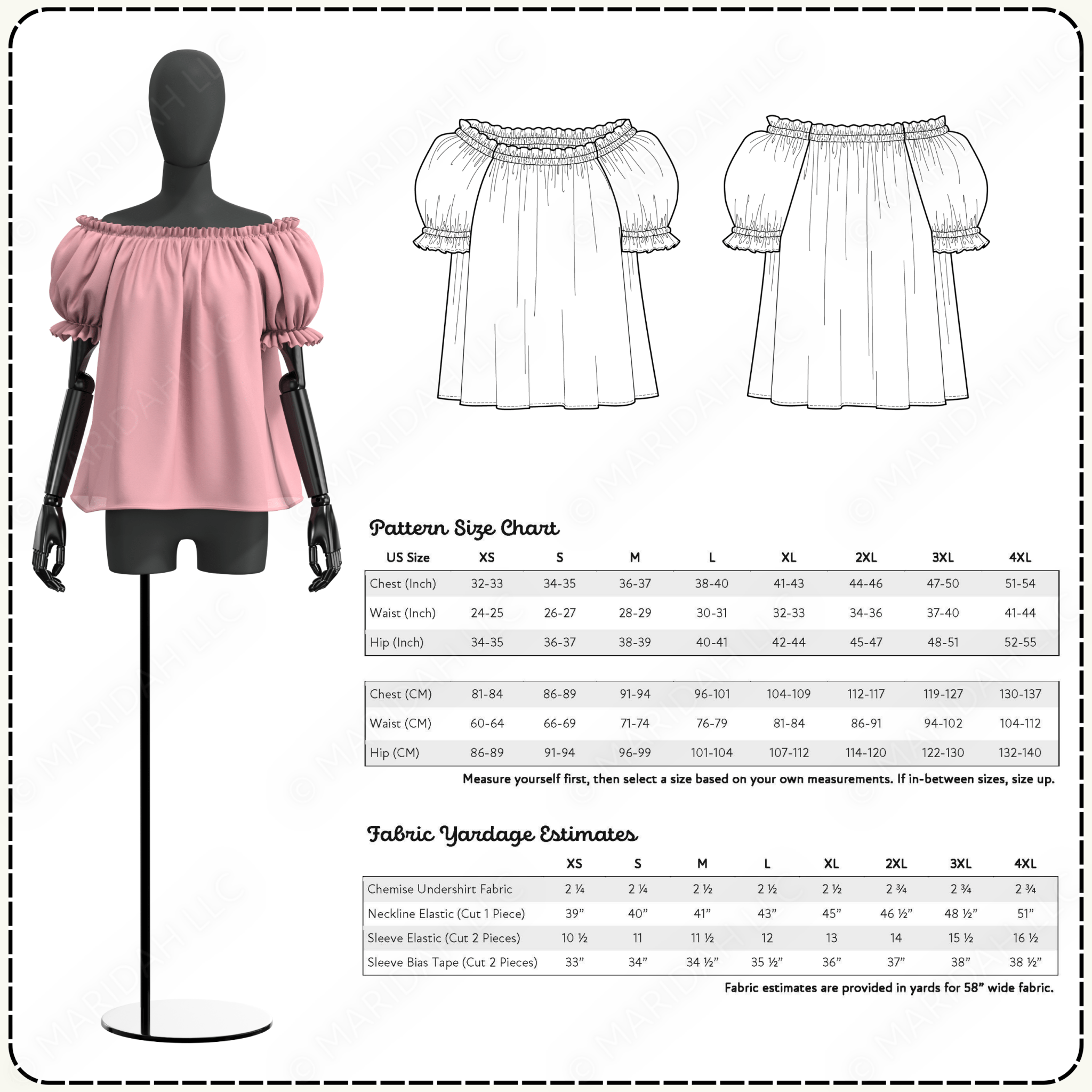 a 3D rendering of a mannequin wearing a pink off-the-shoulder top, along with detailed measurements and fabric yardage estimates for the design.