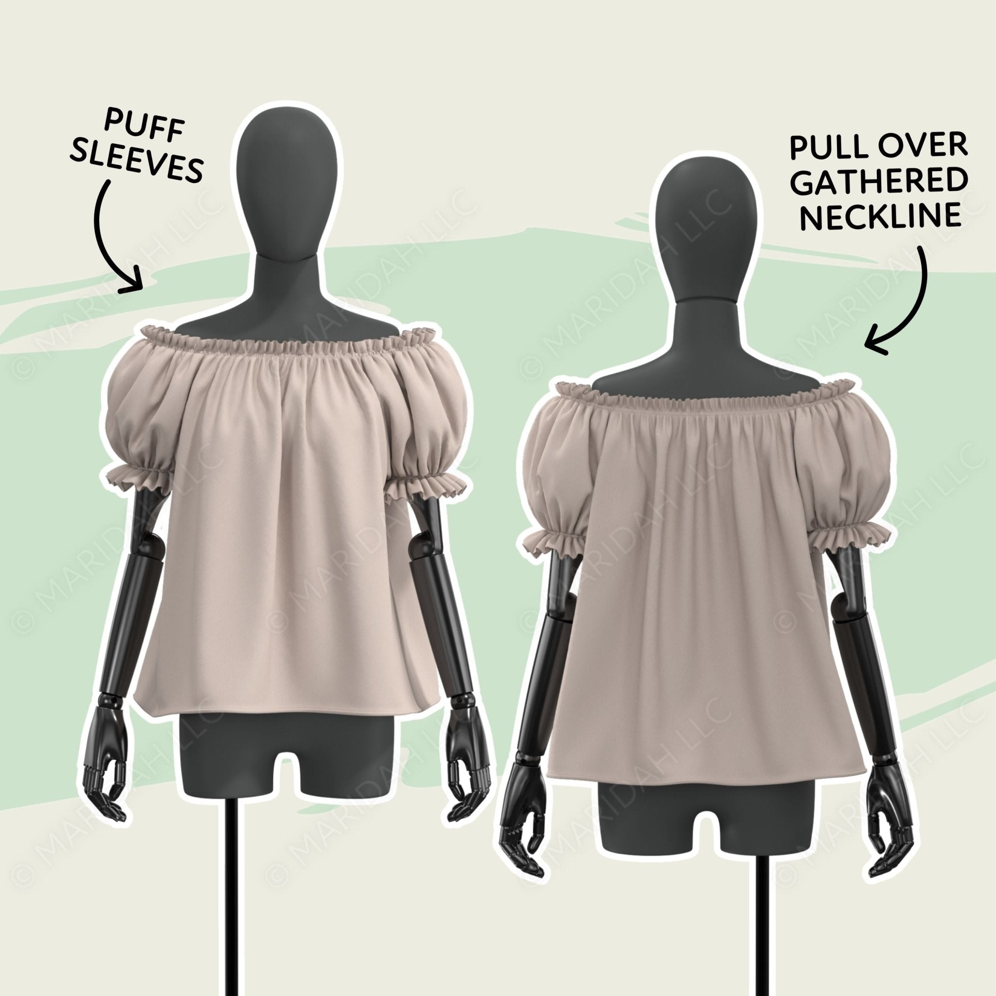 two mannequins wearing off-the-shoulder tops with puff sleeves and a gathered neckline.