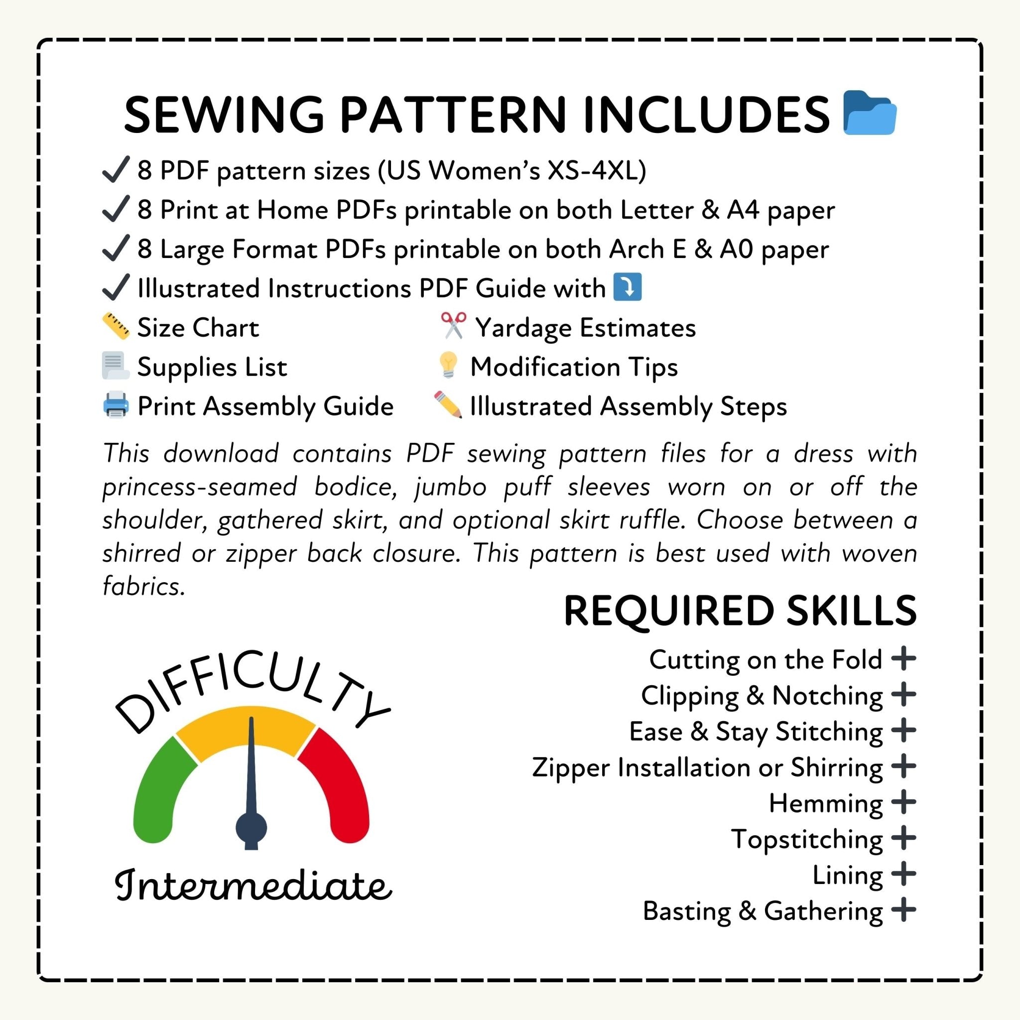 Sewing pattern information sheet with text and icons on a white background