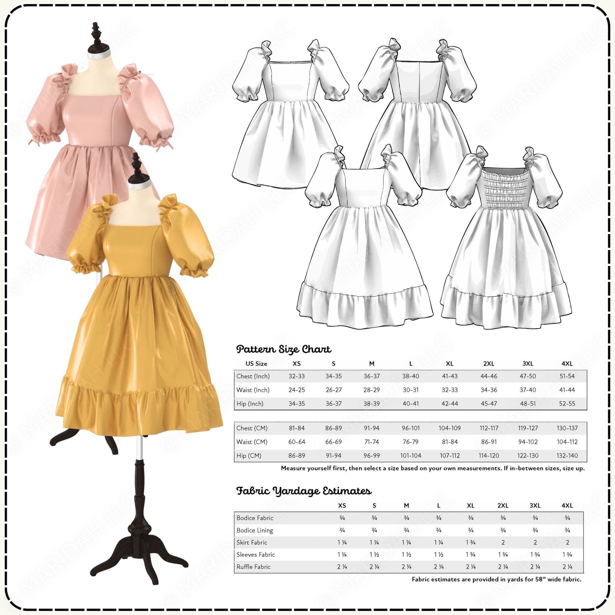 Dress pattern with mannequin display and size chart on a white background