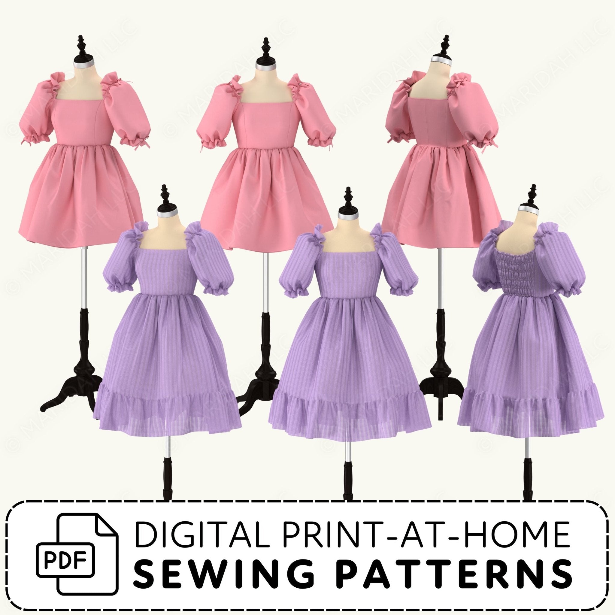 Mannequins wearing pink and purple dresses with digital print-at-home sewing patterns text.