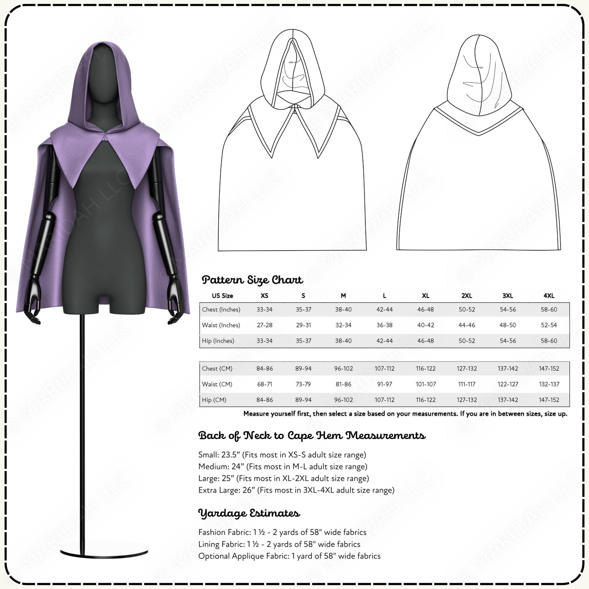 Pattern size chart for a hooded garment with measurements and fabric yardage estimates.
