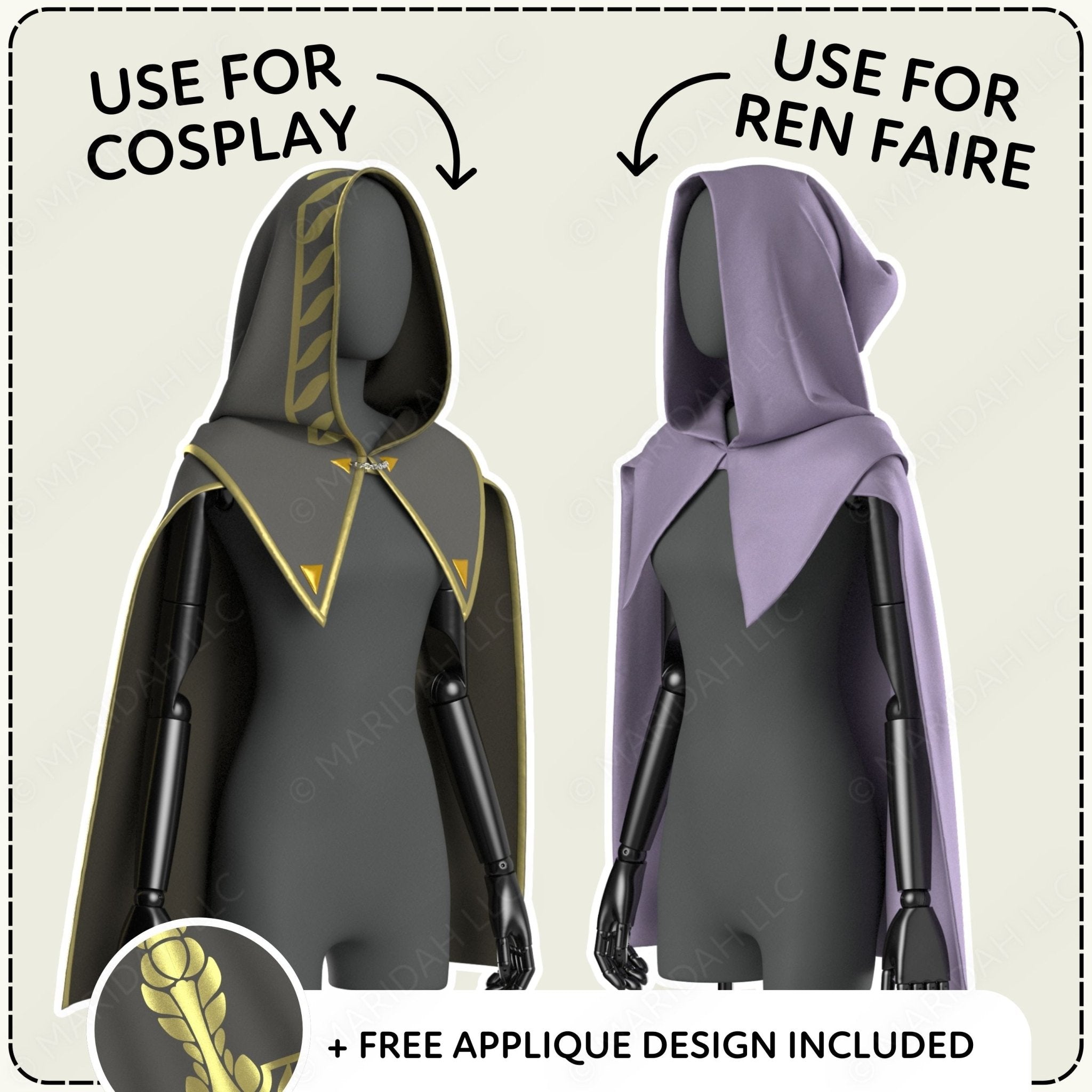 Two hooded costumes with different color options for cosplay and Ren Faire, featuring a free applique design.