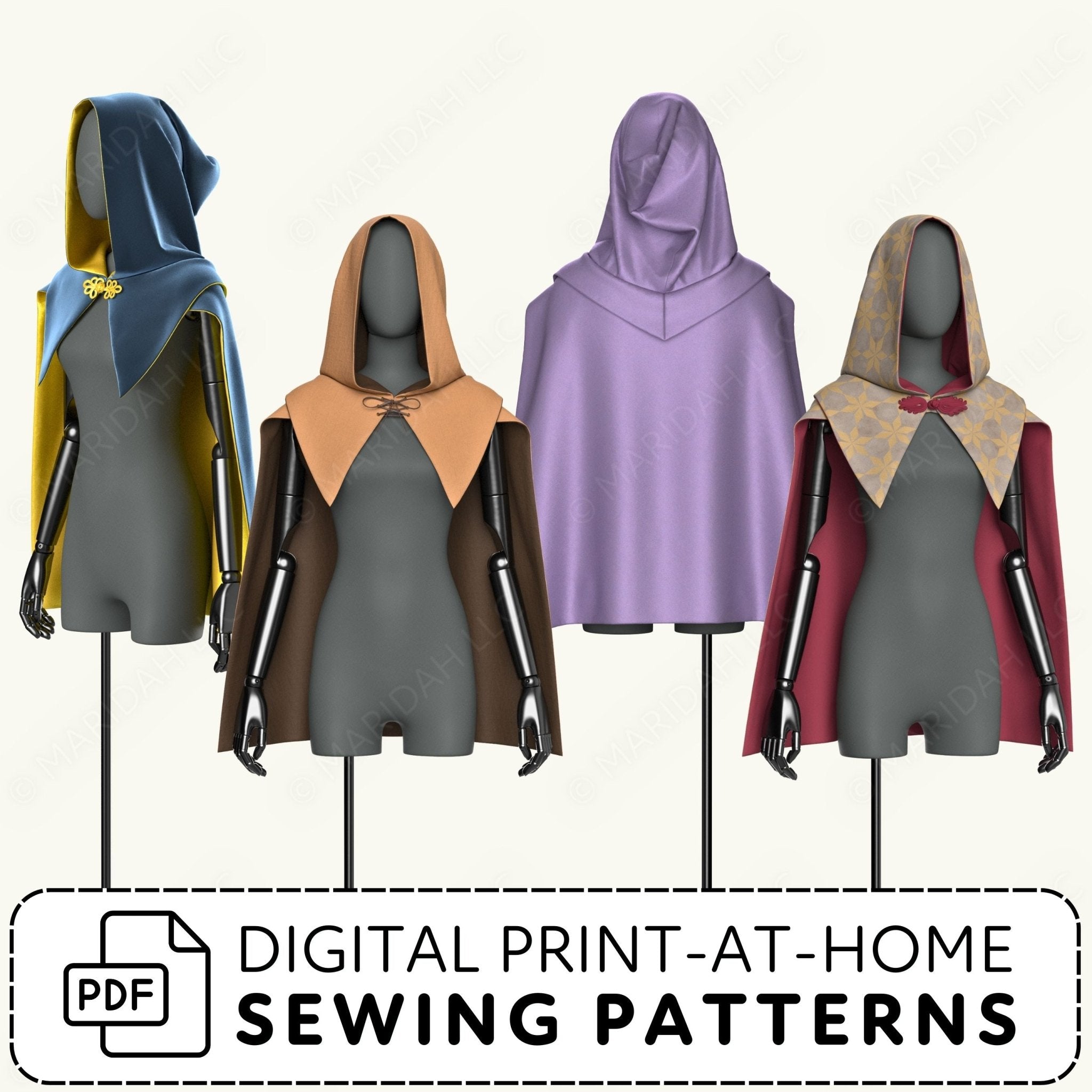 Mannequins wearing hooded cloaks in various colors with digital print-at-home sewing patterns text.