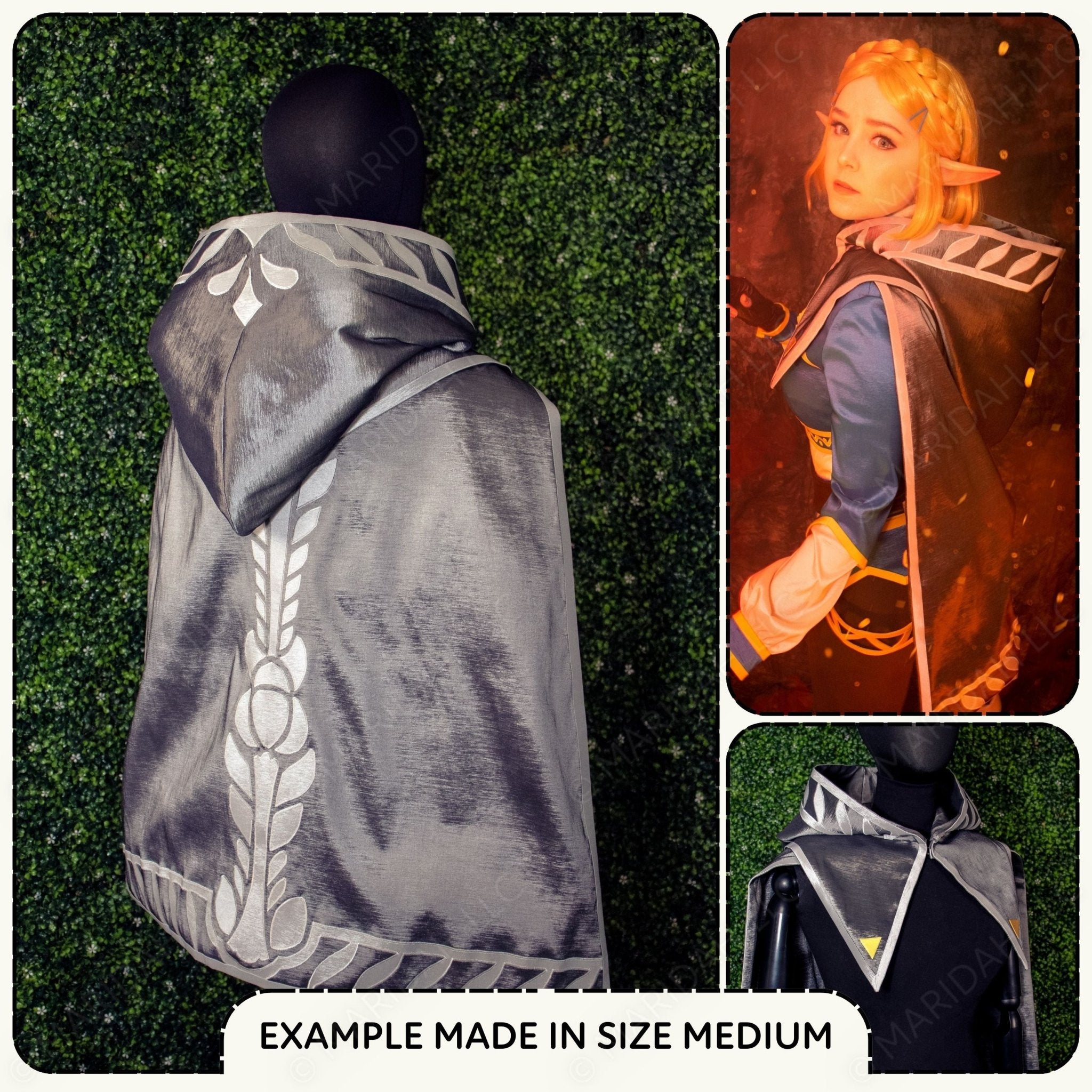 Fantasy cloak with intricate designs worn by a person against a green leafy background.