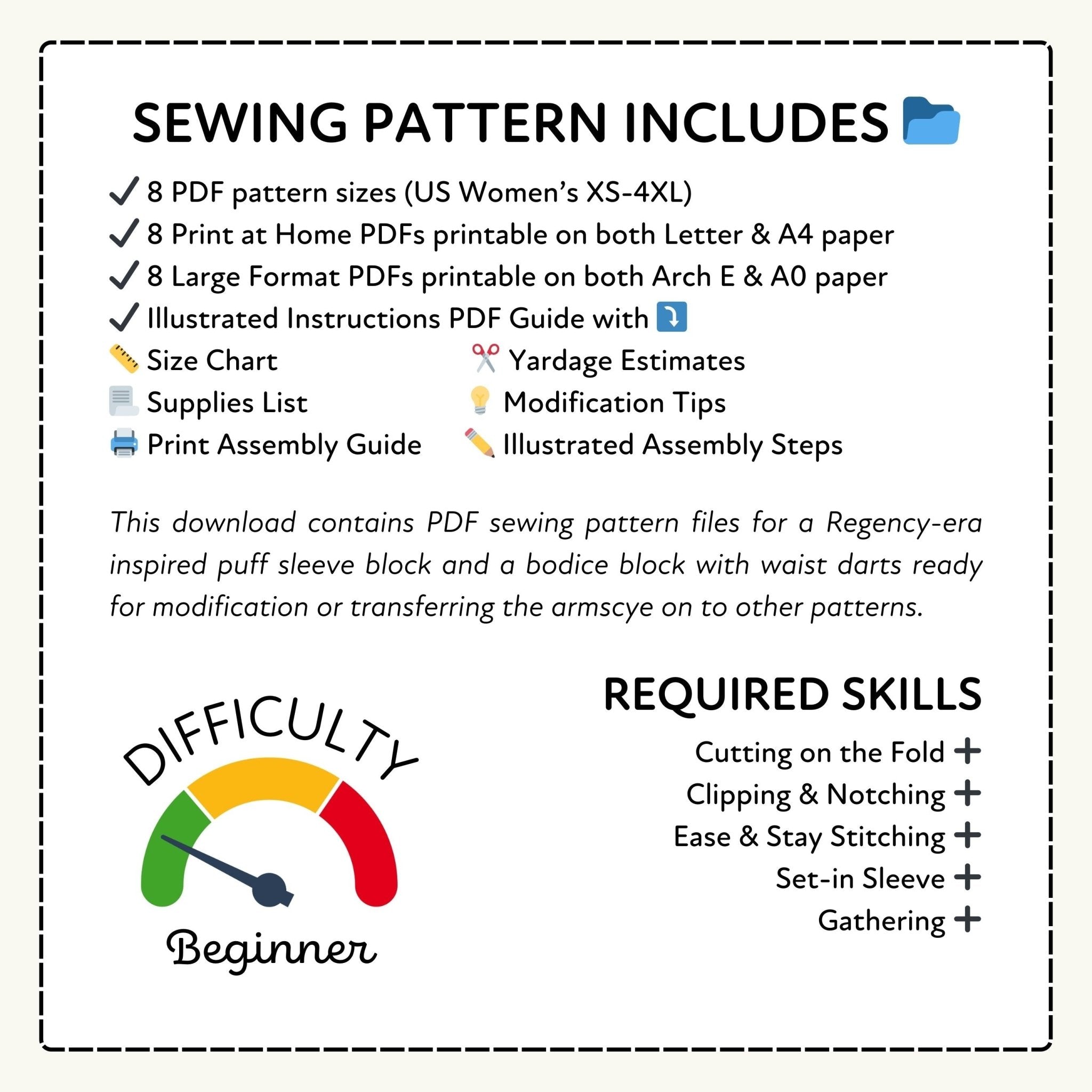 Sewing pattern information with difficulty rating and required skills listed.