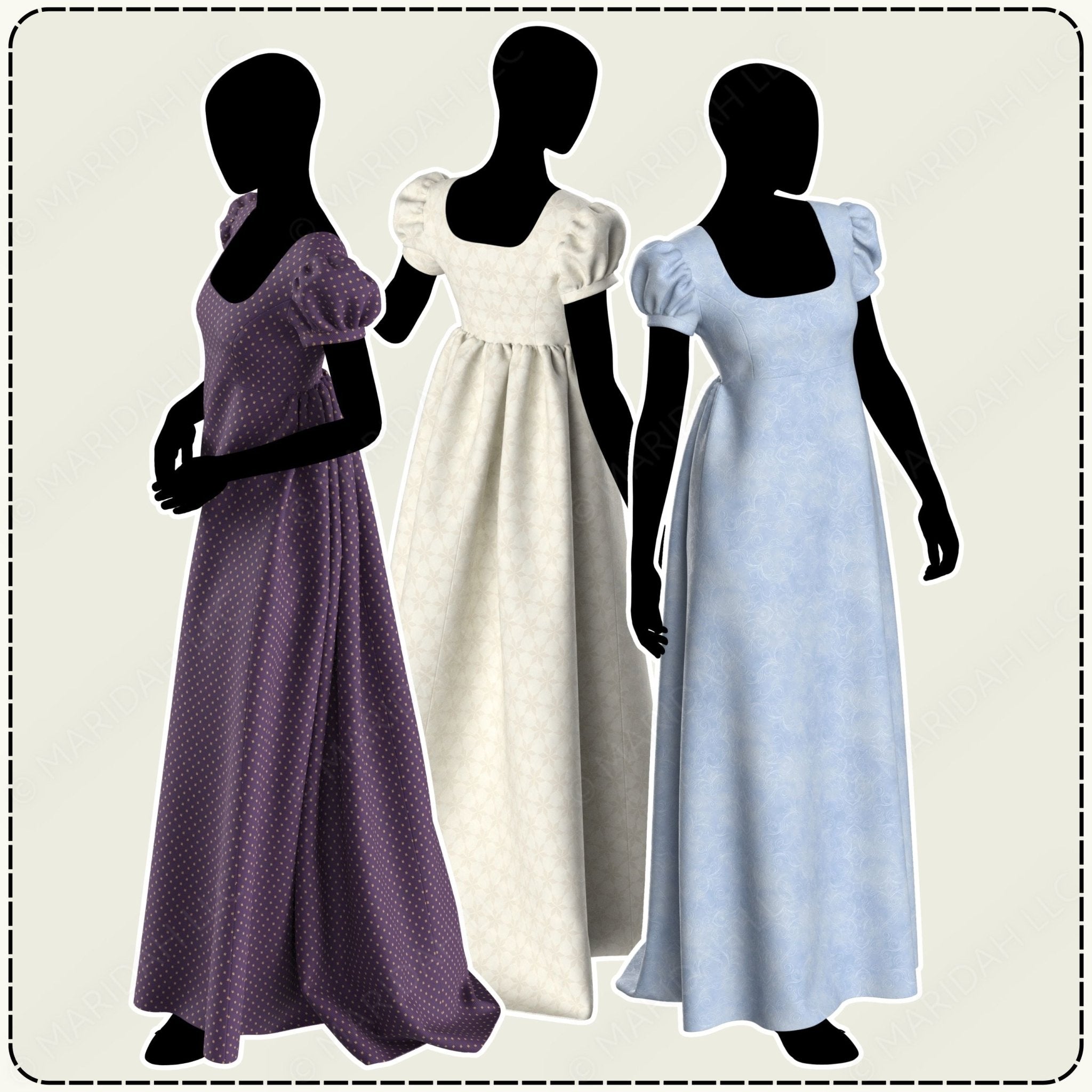 Three mannequins wearing long dresses in purple, white, and light blue on a beige background.