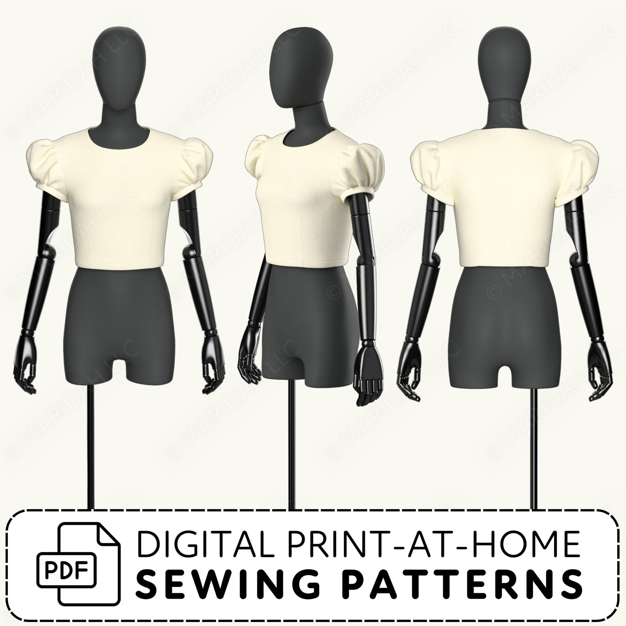 Three mannequin torsos with digital print-at-home sewing patterns text
