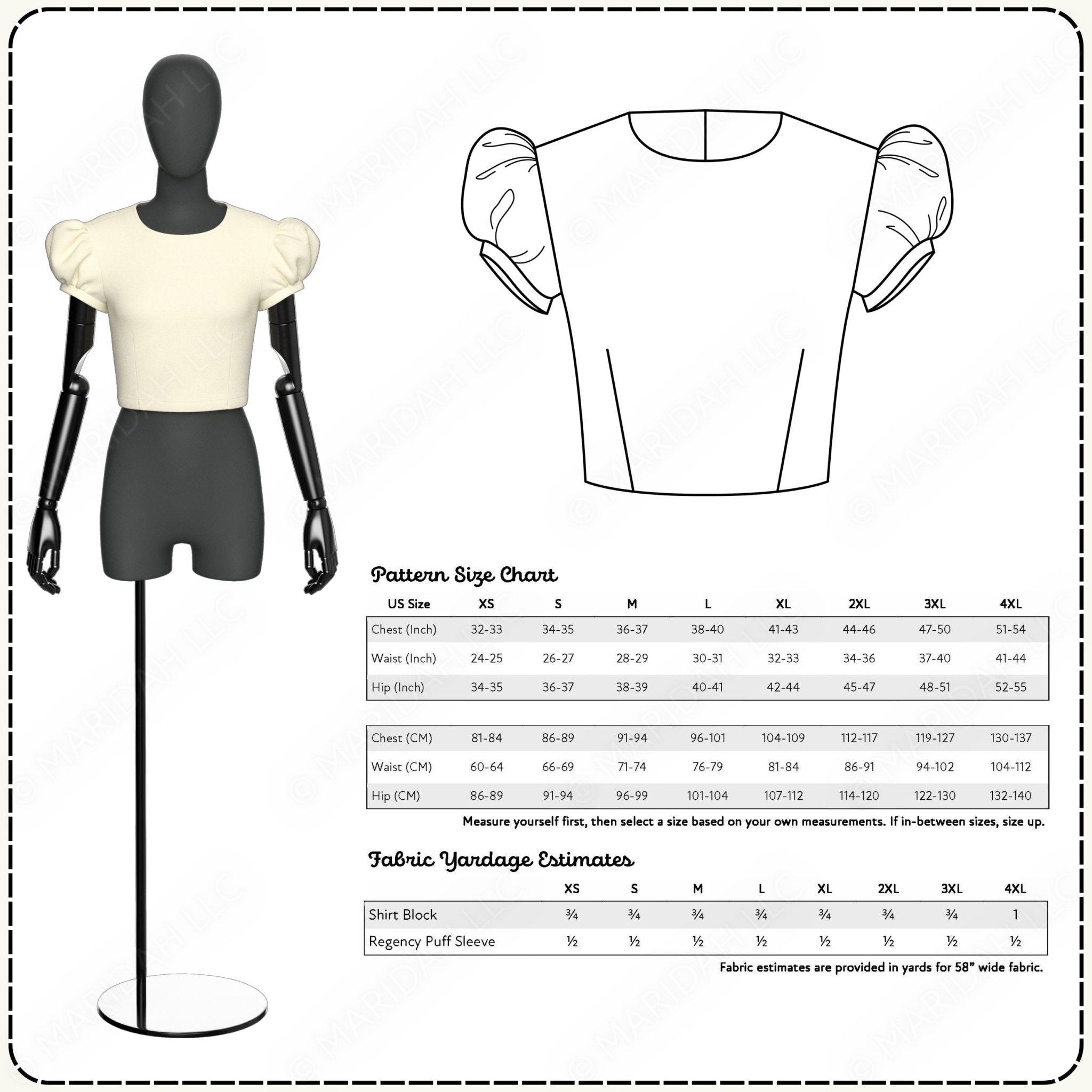 Mannequin with a shirt pattern and size chart on a white background