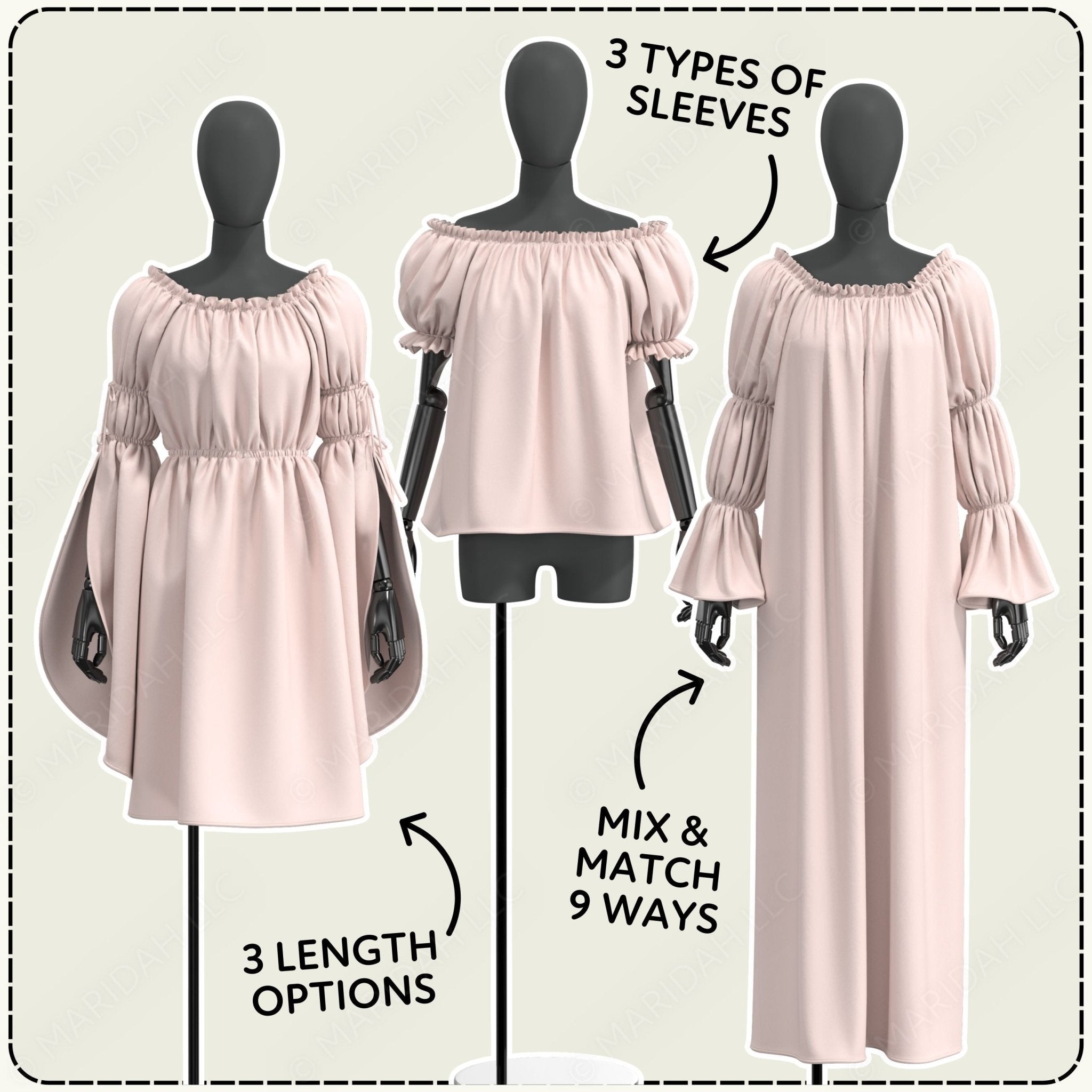 three different styles of off-the-shoulder dresses, each with varying sleeve lengths and designs.