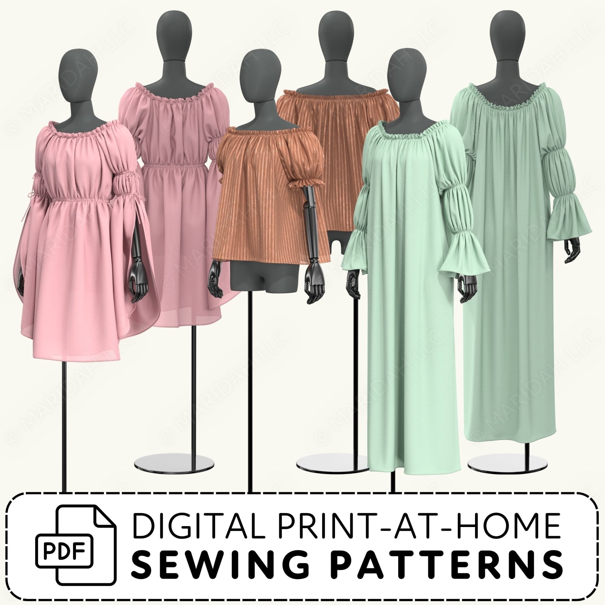 Mannequins wearing dresses in pink, brown, and green with text about digital print-at-home sewing patterns.