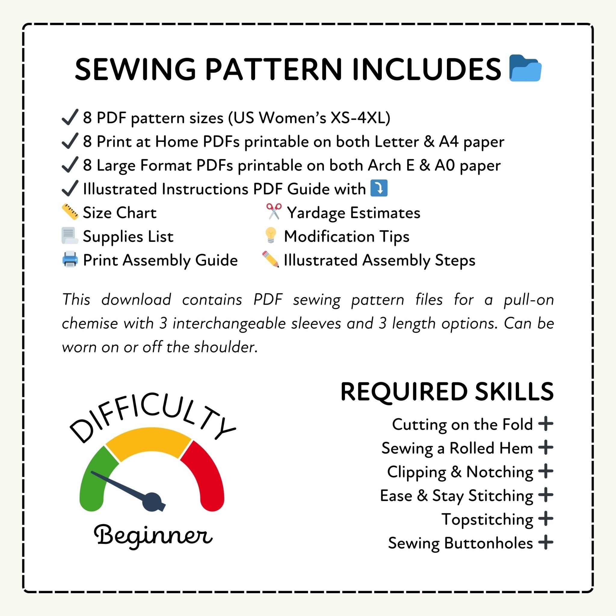 a sewing pattern that includes various sewing pattern files, such as a yardage estimate, a supplies list, and a print assembly guide. The download contains PDF sewing pattern files for a pull-on chemistry with 3 interchangeable sleeves and 3 length options. The sewing pattern includes a variety of skills, such as cutting on the fold, sewing a rolled hem, clipping & notching, ease & stay stitching, topspinning, and sewing buttonholes.