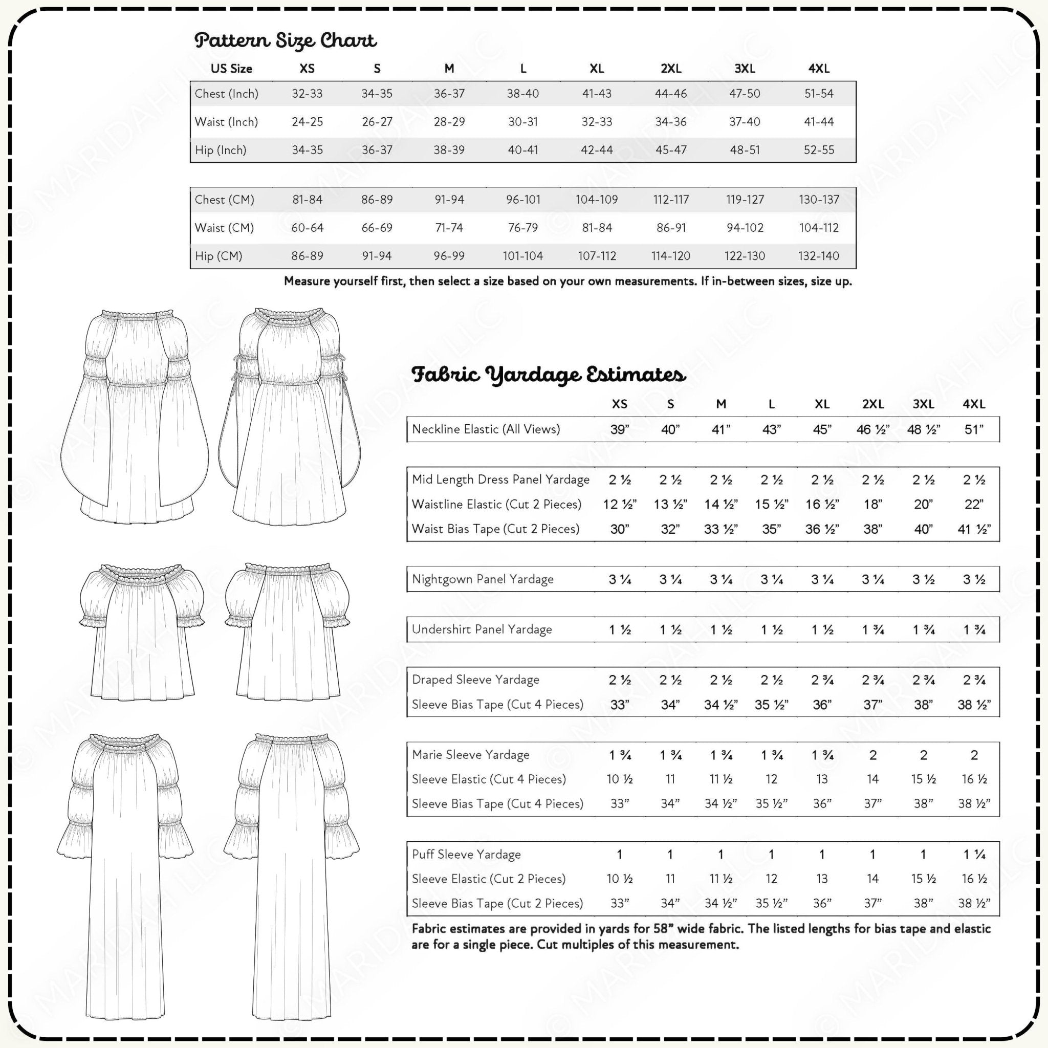 a detailed description of various fabric yardage measurements for different sizes and styles of dresses, including the US size chart and fabric yardage estimates.