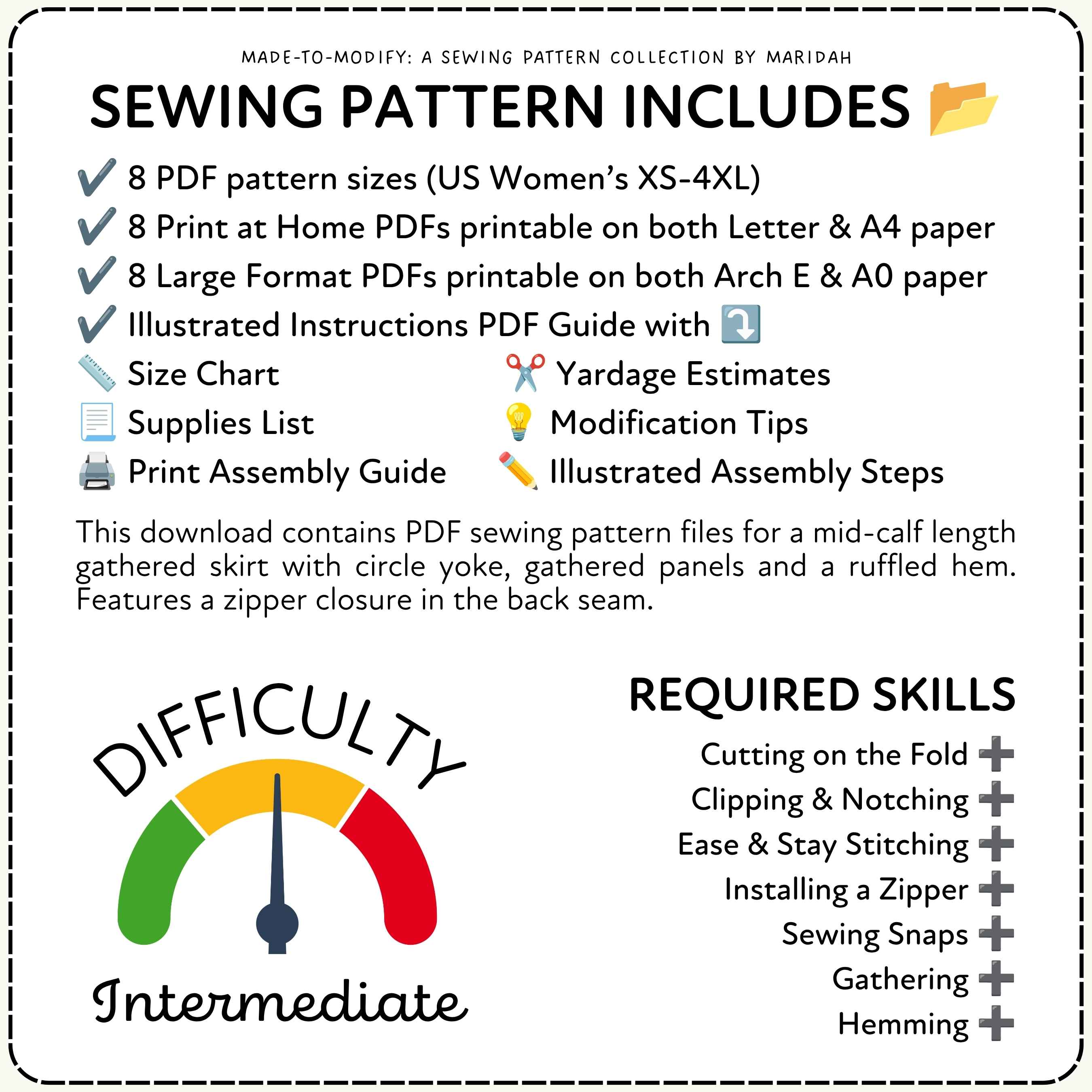 Sewing pattern information with difficulty rating and required skills listed.